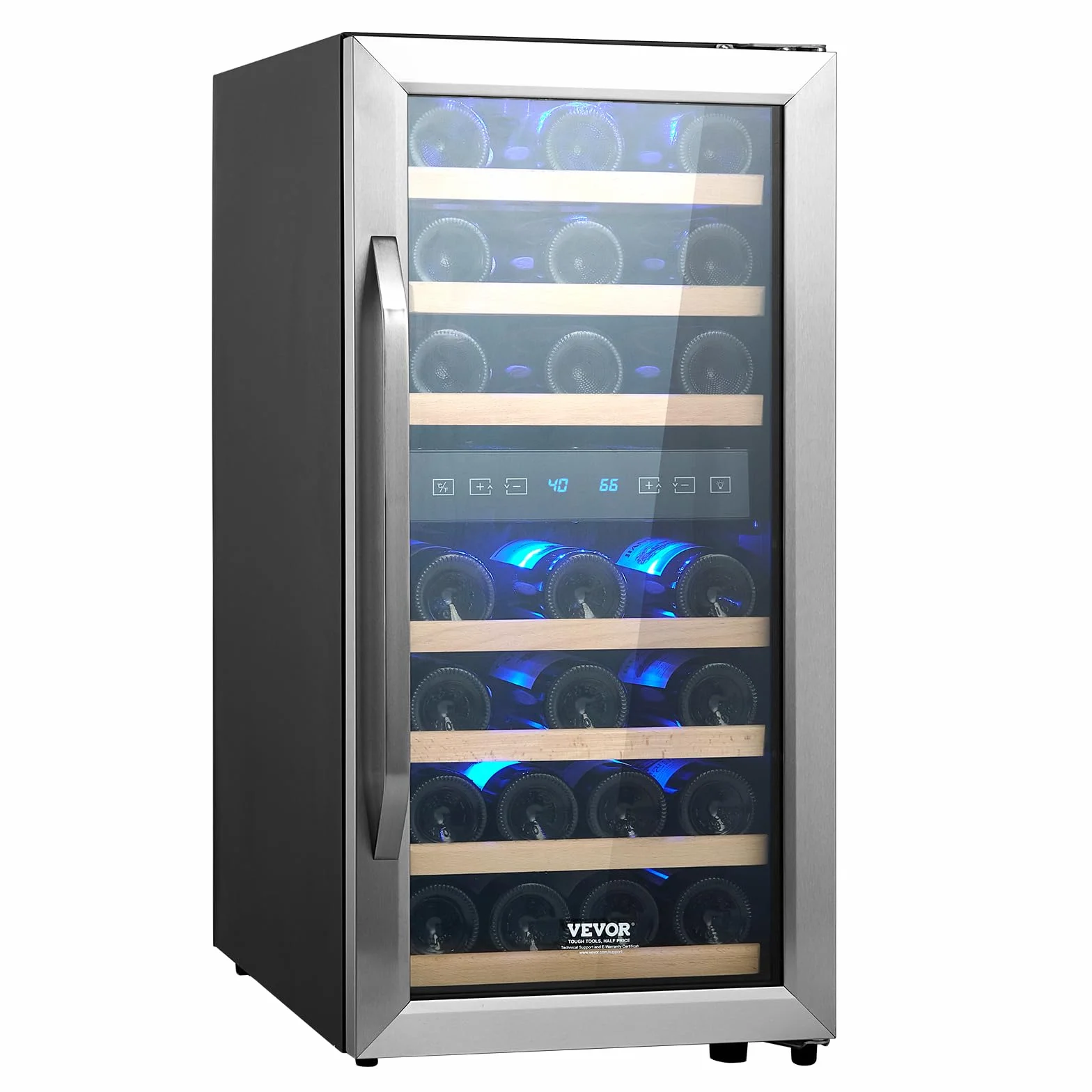 VEVOR Enfriador de Vino para 33 Botellas de Doble Zona y Temperatura, Independiente con Refrigeración por Aire Circulante y Control Digital, Puerta de Vidrio Templado Protección UV, 395 x 580 x 840 mm