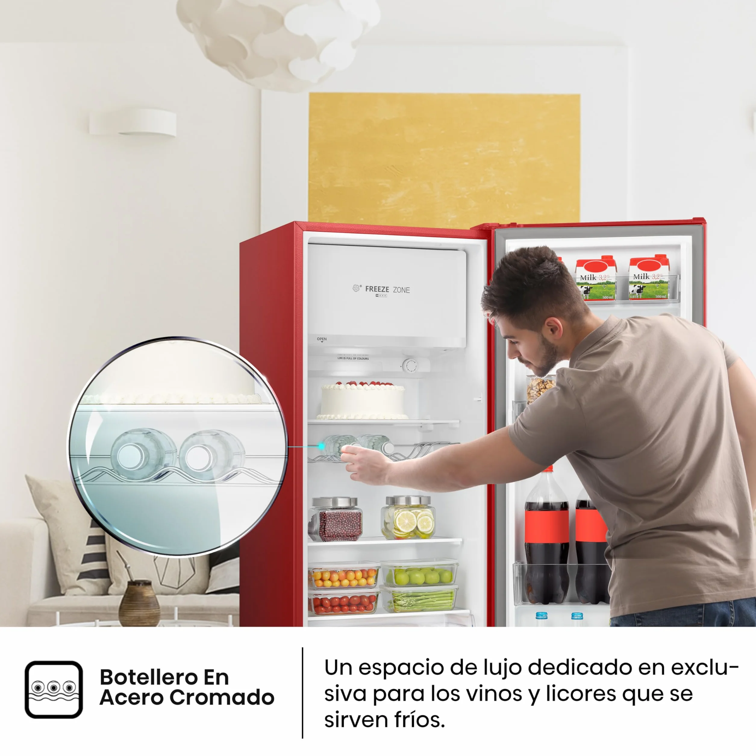 Hisense RR220D4BRE - Frigorífico Una Puerta, Congelador Freeze Zone, 165 L de capacidad, 128 cm alto, Class E, Botellero, Cycle Defrost (Cíclico), Cajón Frutas Y Verduras, Color Rojo