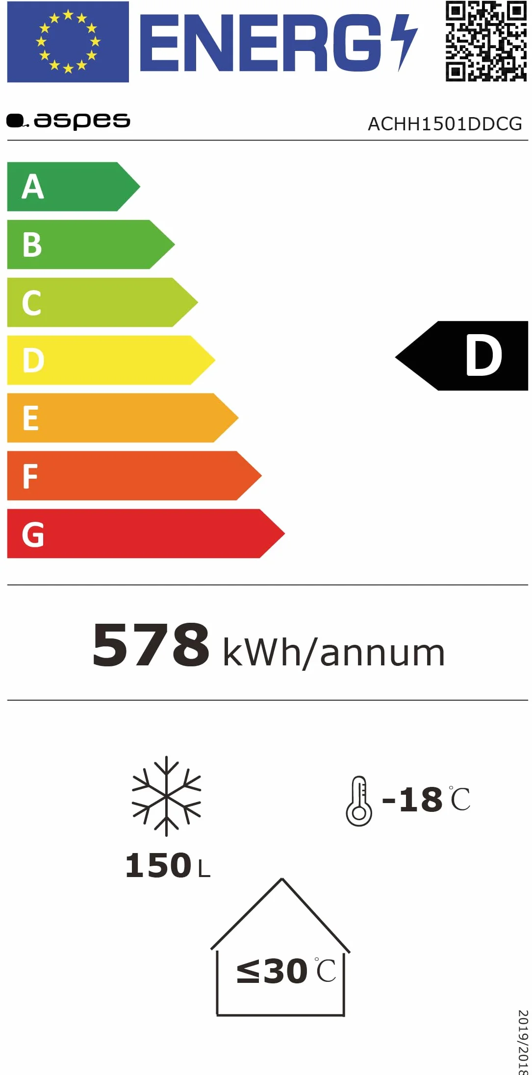 Aspes Congelador Horizontal Horeca Blanco ACHH1501DDCG. Capacidad 141 Litros, 1 Cesta, Bajo Nivel Sonoro, Eficiencia Energética Clase D