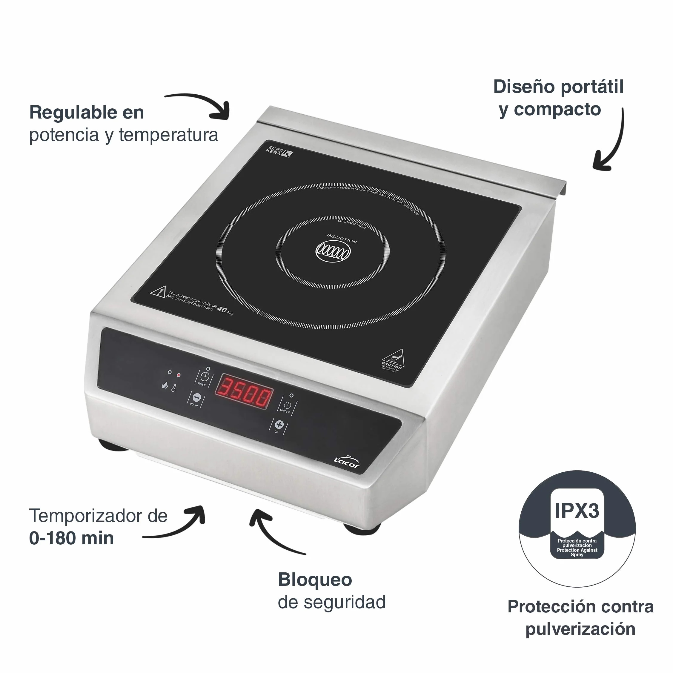 Lacor - 69132 - Placa Inducción Portátil, Superficie de Cristal, Control Táctil, 17 niveles de Potencia, Dos fuegos 12 y 28 cm, Sistema de seguridad IPX3, 3500W, 44 x 34 x 12 cm, Inox, Negro