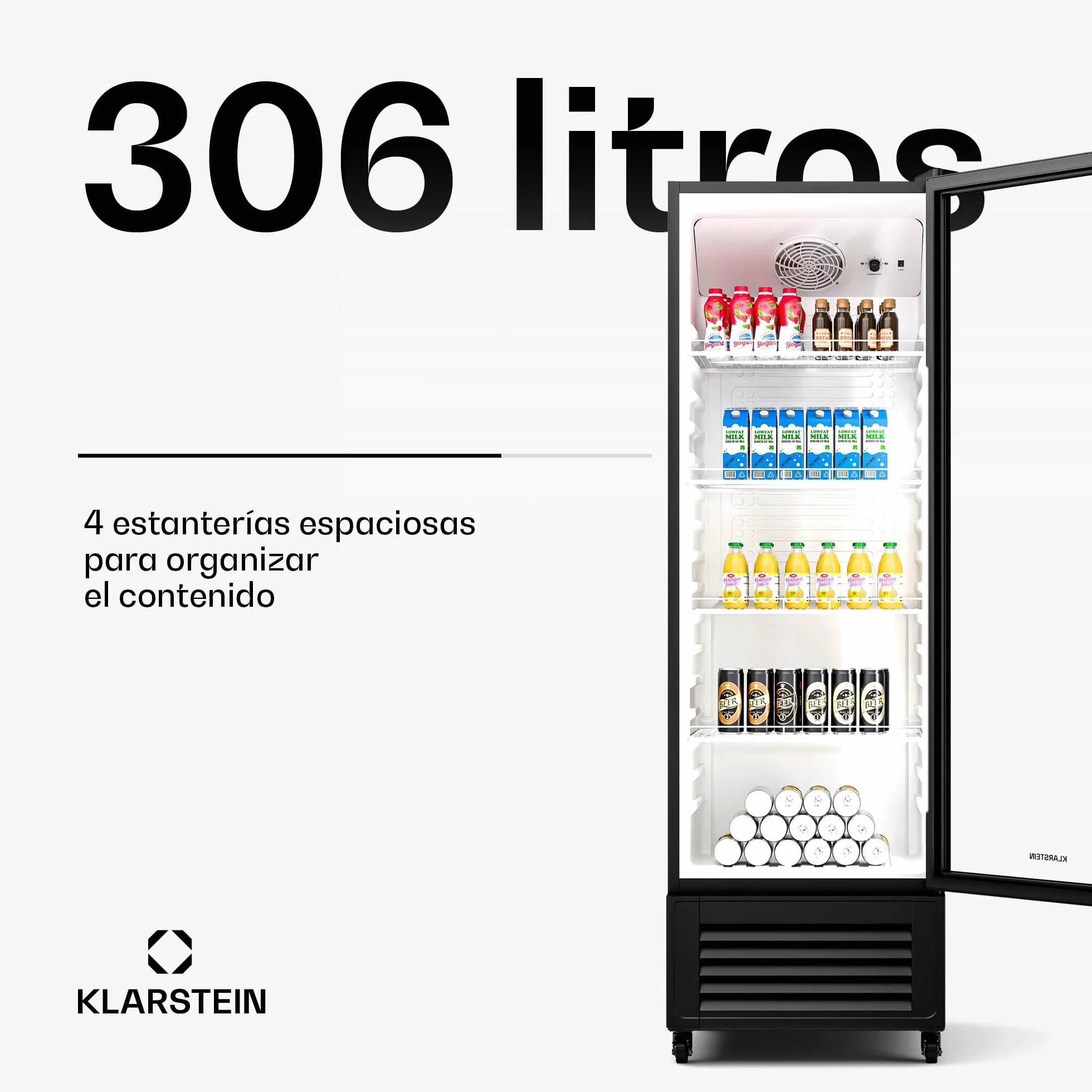 KLARSTEIN GrandCooler 306L Nevera Para Bebidas - Frigorífico para Bebidas con Puerta de Doble Acristalamiento, Iluminación Led, Termostato Mecánico, Ruedas Giratorias, 0-10°C