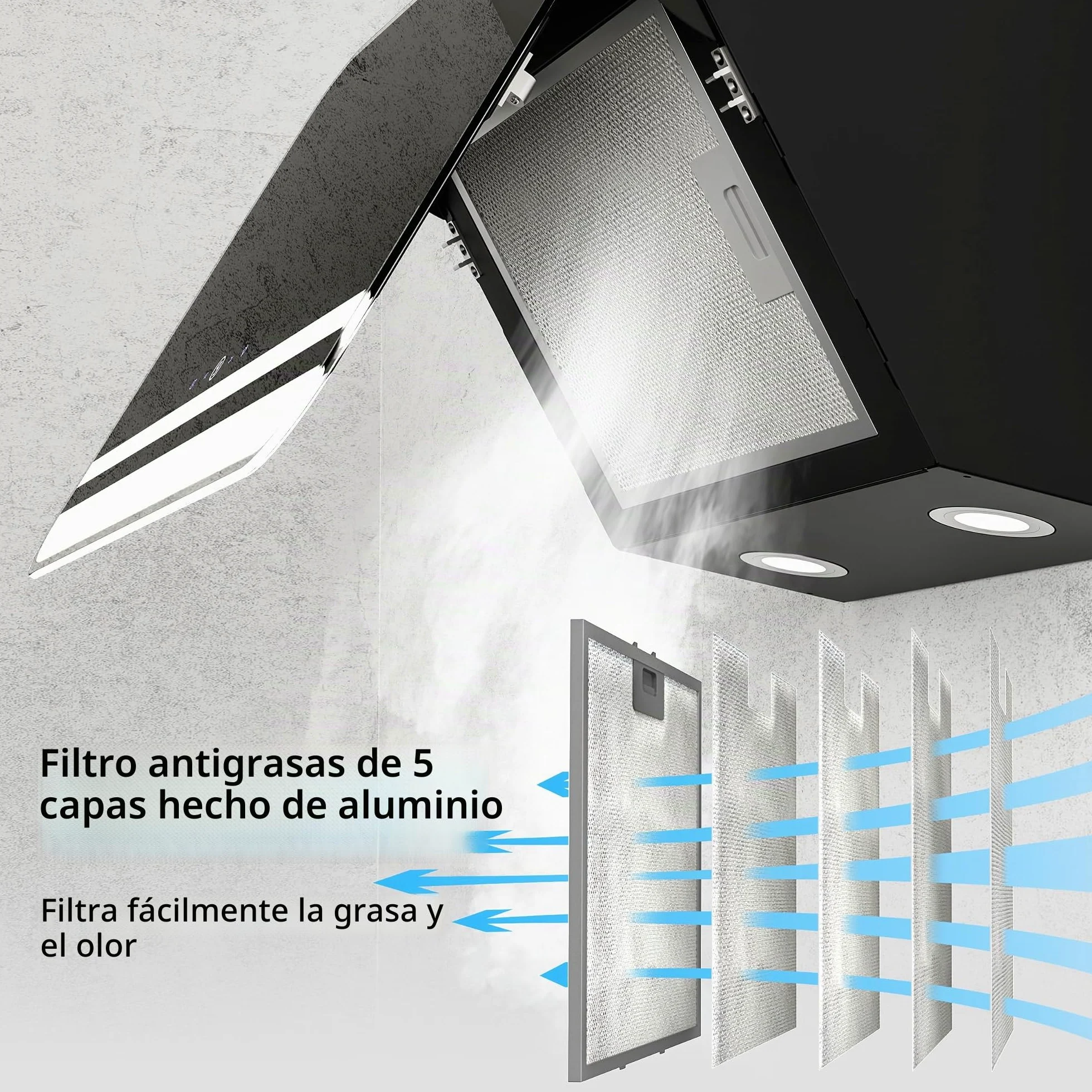 FIREGAS Campana extractora 60cm, Extractor inclinado, Motor sin escobillas, Bajo Consumo, 9 velocidades, 578m³/h, LEDs, Recirculante y Extracción, Incluye filtro de carbón