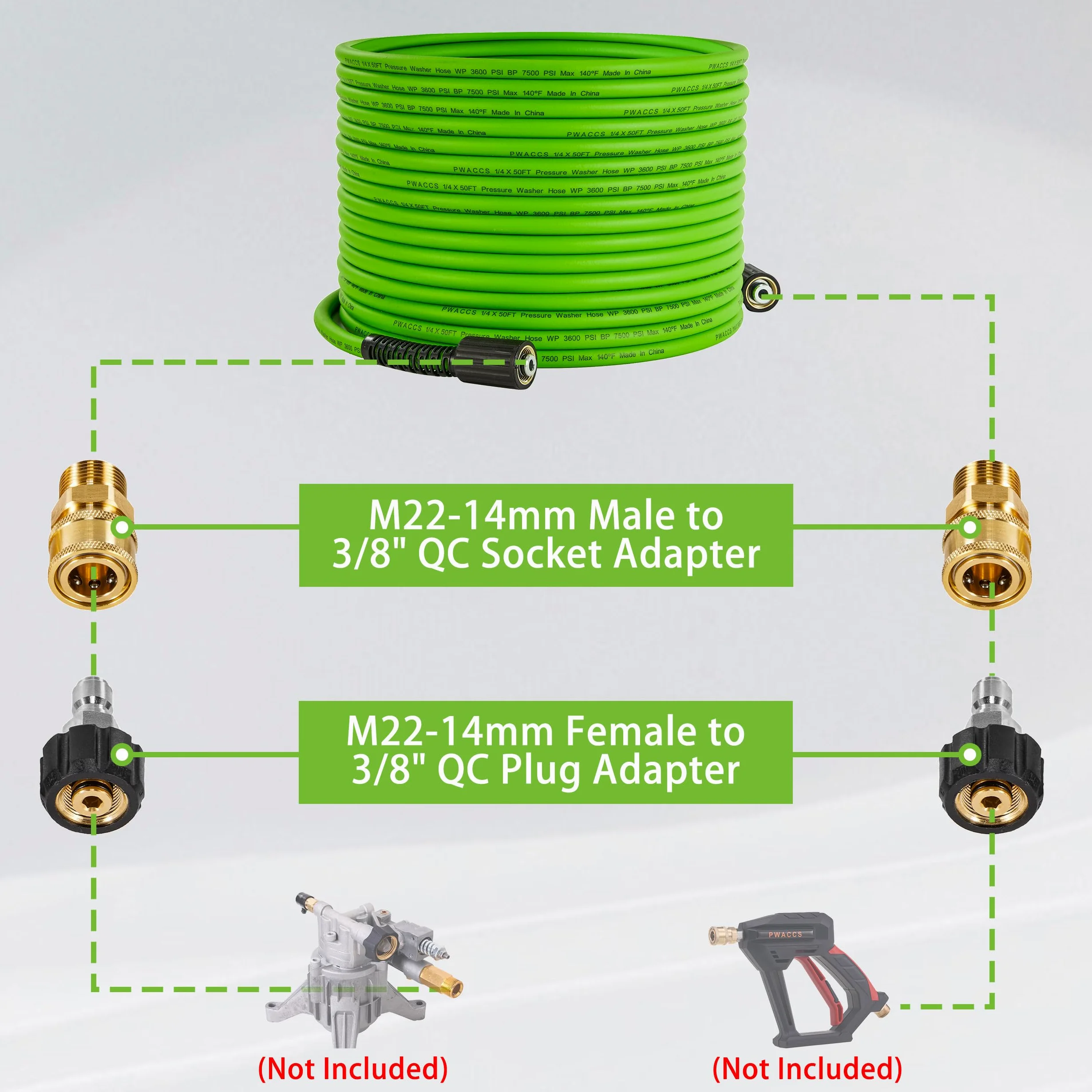 PWACCS Manguera de lavado a presión para lavadora eléctrica, manguera de extensión de lavado a presión resistente a torceduras de 3600 PSI, 50 pies x 1/4 pulgadas, manguera de lavado eléctrica