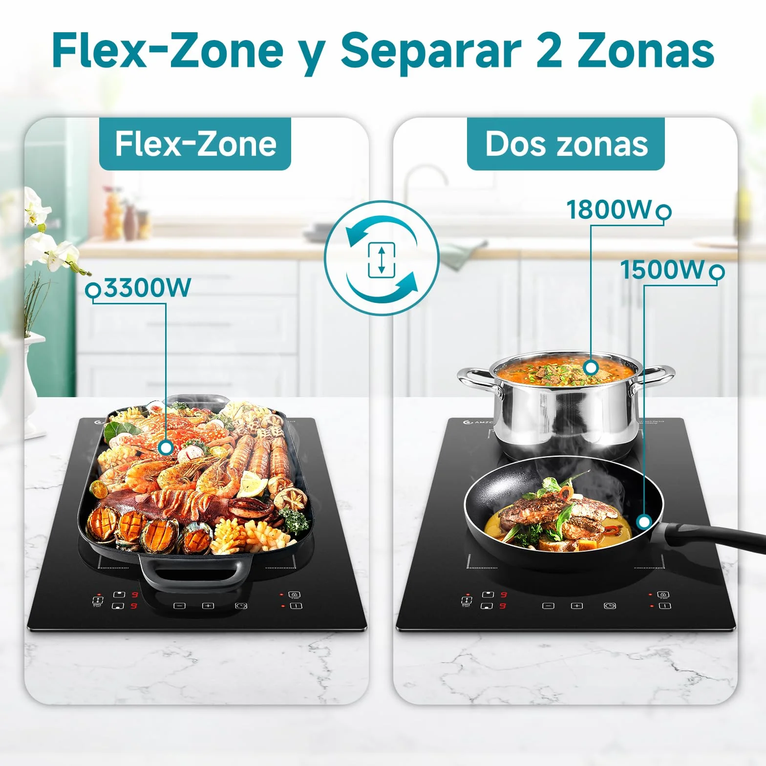 Placa de inducción con zonas flexibles, AMZCHEF placa induccion doble con 9 niveles de potencia, calentamiento intermitente, panel de control de moda, cerradura de seguridad, 3300W, negro