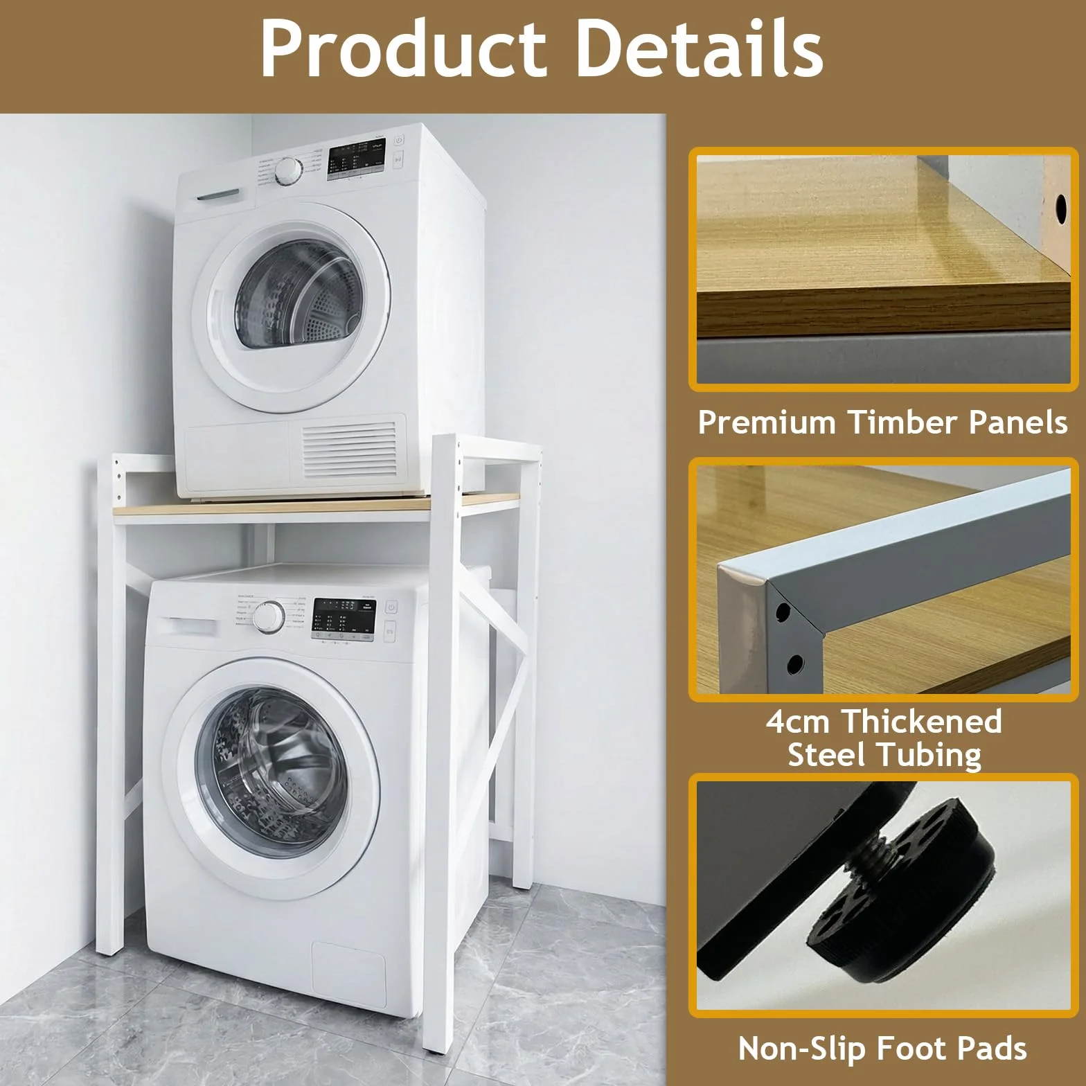Kit de apilamiento de soporte para lavadora y secadora, armario de lavadora ajustable de 3 alturas, ahorro de espacio sobre lavadora y secadora con encimera para baños, lavandería