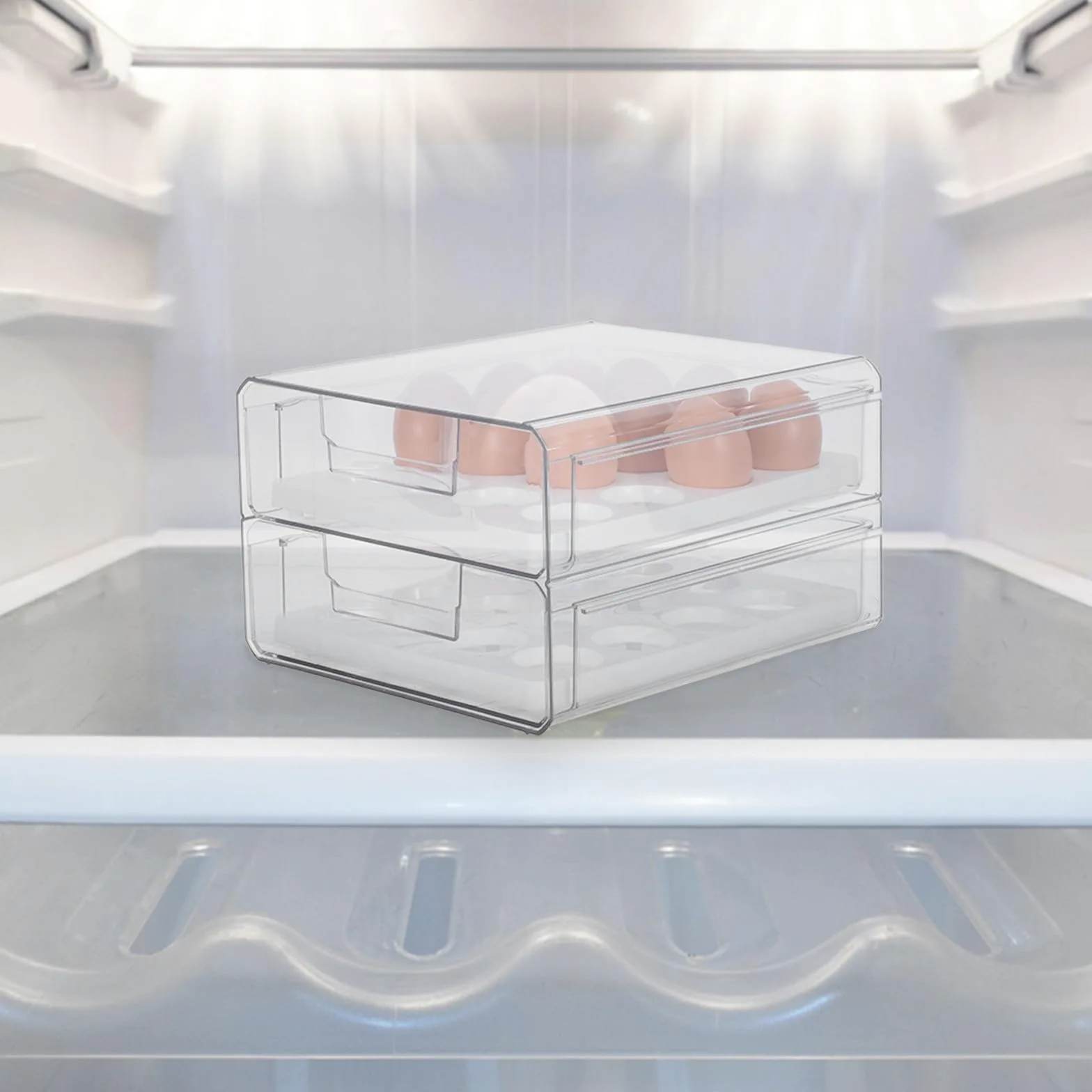 Huevera Transparente para Refrigerador de Plástico 2 Cajones, 32 Huevos | Doble Capa Orificios, Apilable y Deslizable, para Cocina y Frigorífico