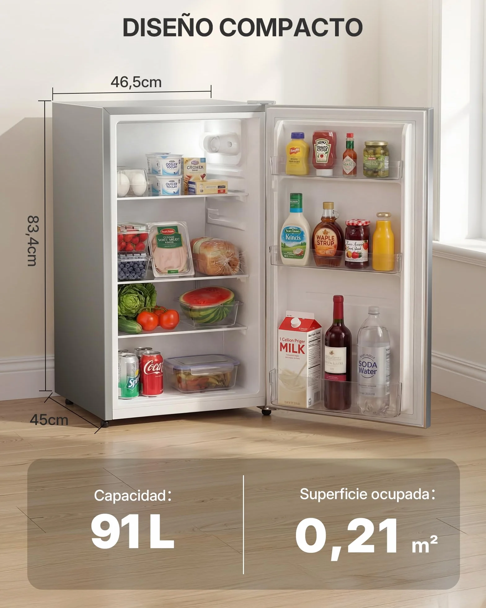 Upstreman 91 Litros Nevera Pequeña sin Congelador, Neveras Pequeñas 84cm, Luz LED Interior, 3 Estantes, 3 Balconeras, Frigorifico Para Hogar, Oficina, Gris Plateado,CR91