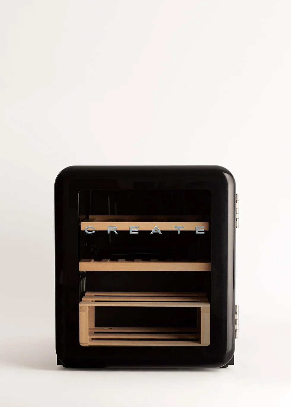 CREATE / WINECOOLER RETRO M/Vinoteca eléctrica de 12 botellas negro/Diseño Retro. temperatura regulable. 48L. botellas 75cl. Eco Friendly. 44x47.5x50 cm