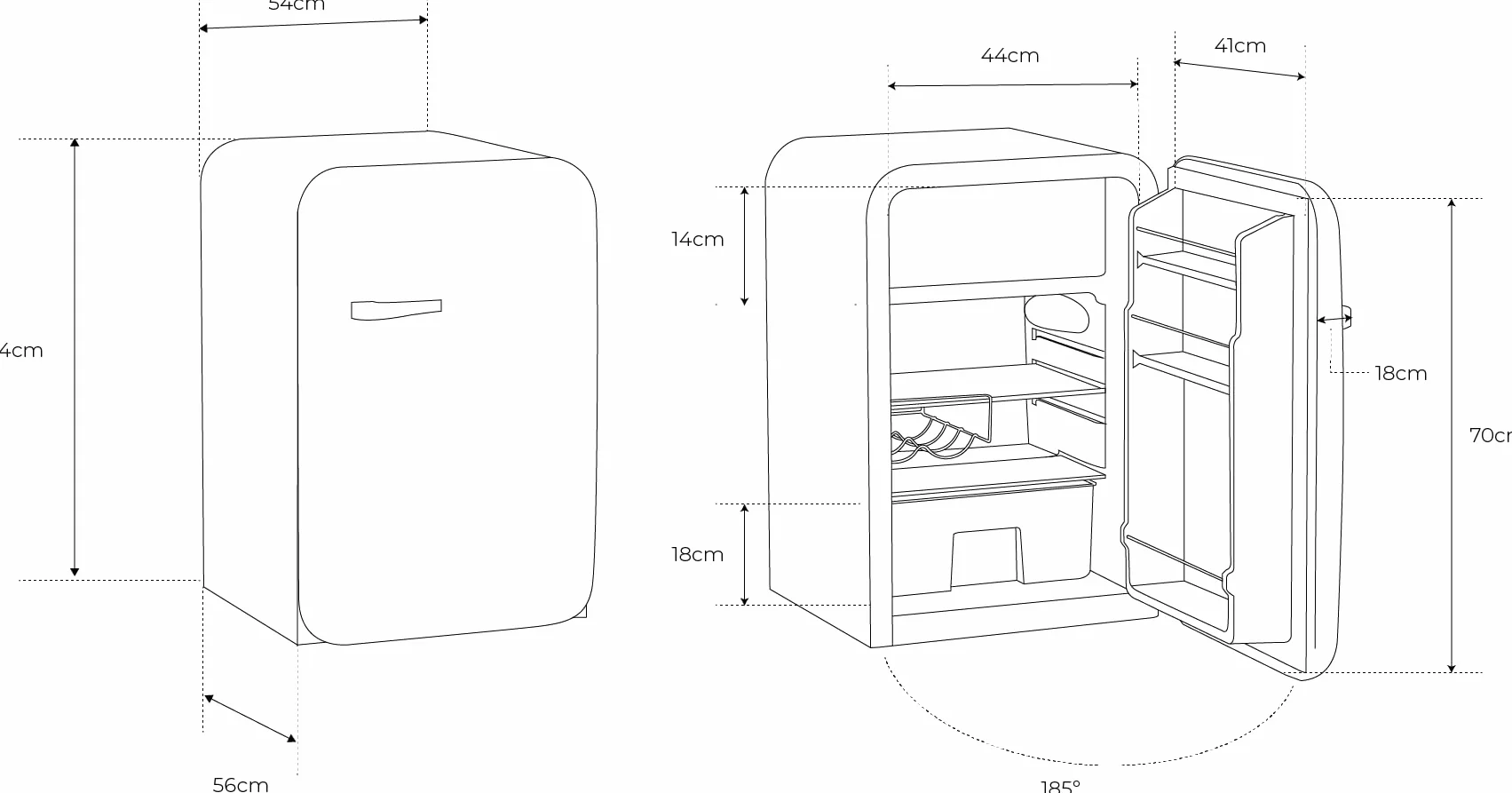 CREATE / RETRO FRIDGE 83.5 GOLD/Frigorífico negro maneta oro / 98W. bajo consumo. 2 estantes. regulador temperatura. botellero. 56x54x84cm
