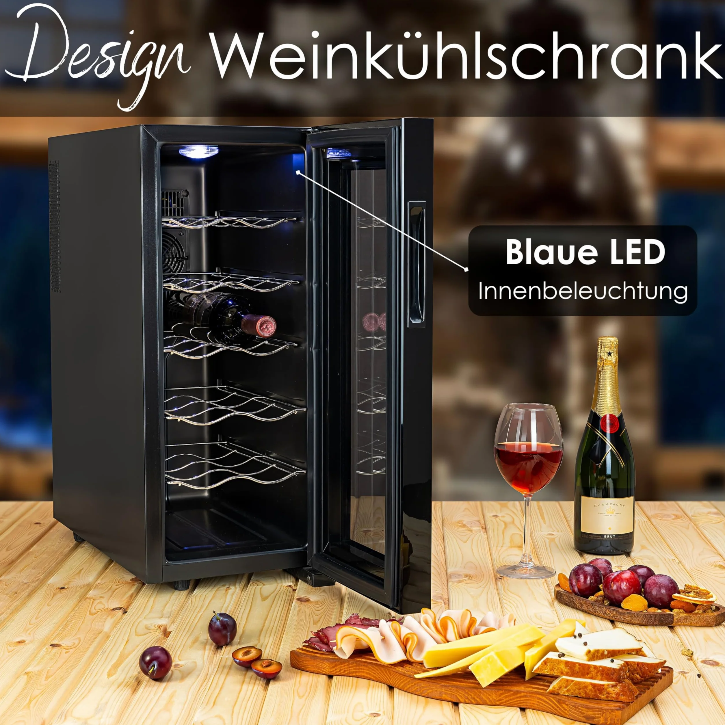 Zilan Refrigerador para vino, independiente, silencioso, 12 botellas, 33 litros, luces LED, enfriador de vino, armario pequeño con clima de vino, mini nevera, minibar con puerta de cristal