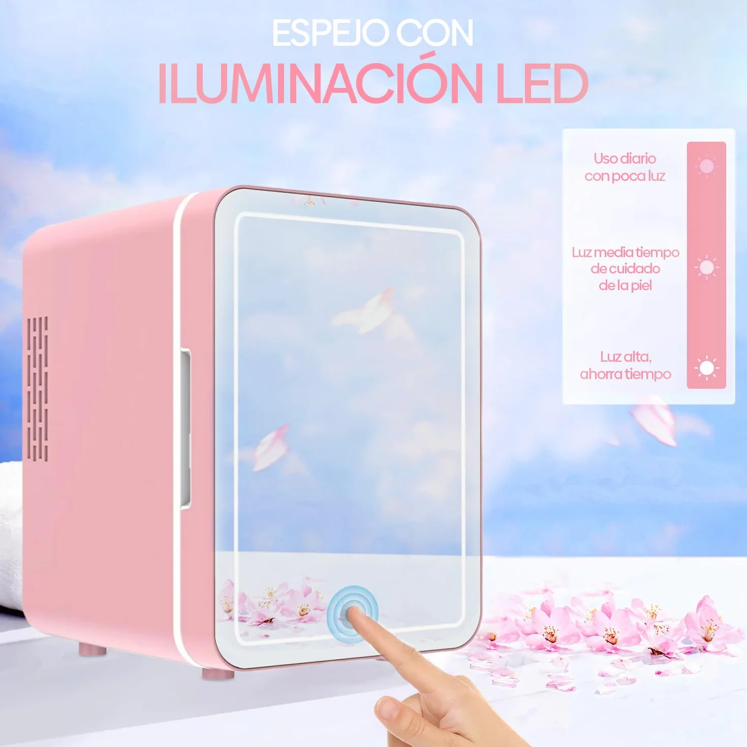 Mini Nevera Portátil Cosmética 4L con Espejo LED, Enfriamiento y Calentamiento, Rosa