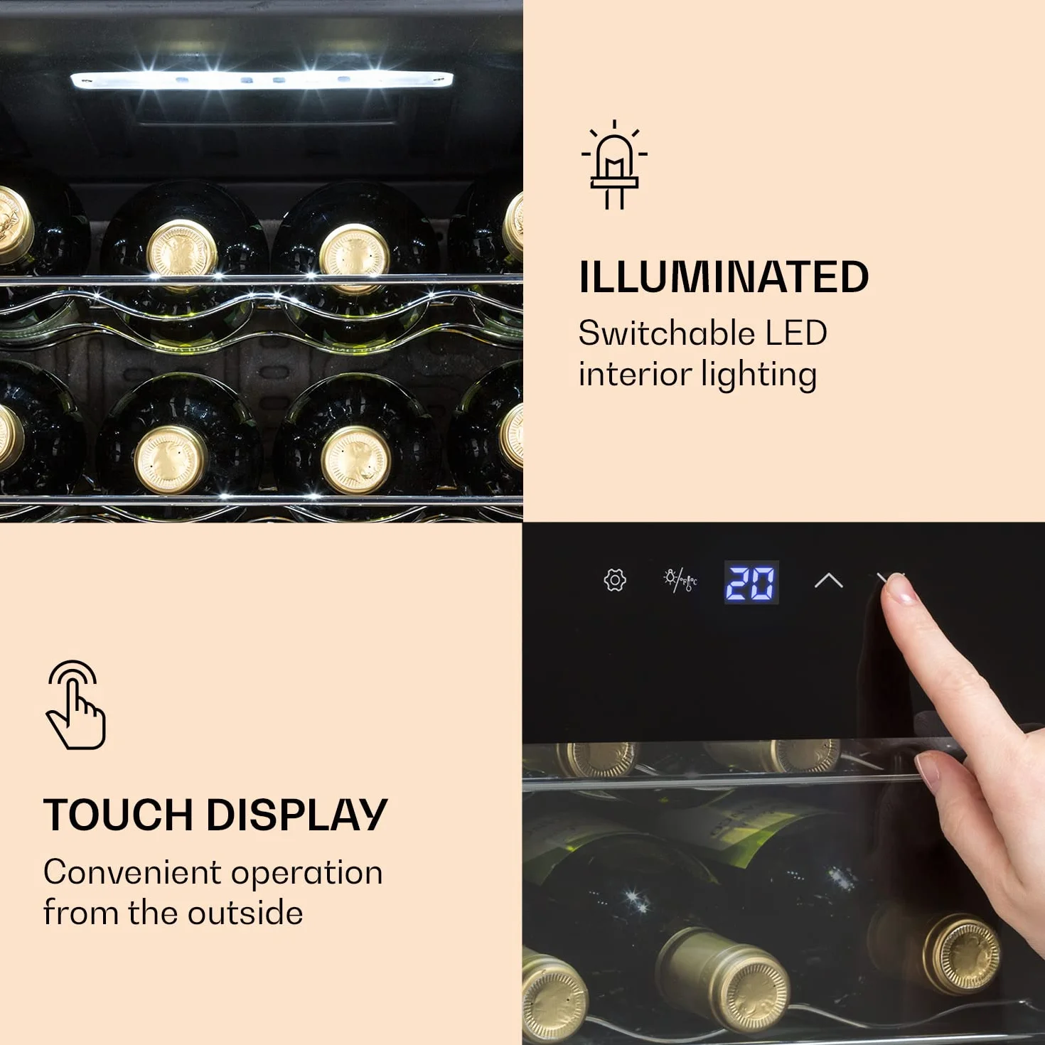 KLARSTEIN Ultimo Uno - Vinoteca, Nevera para vinos con regulador de temperatura entre 5 y 8 °C, Control táctil, Iluminación interior LED, Espacio para 16 botellas, 42 litros de volumen, Negro