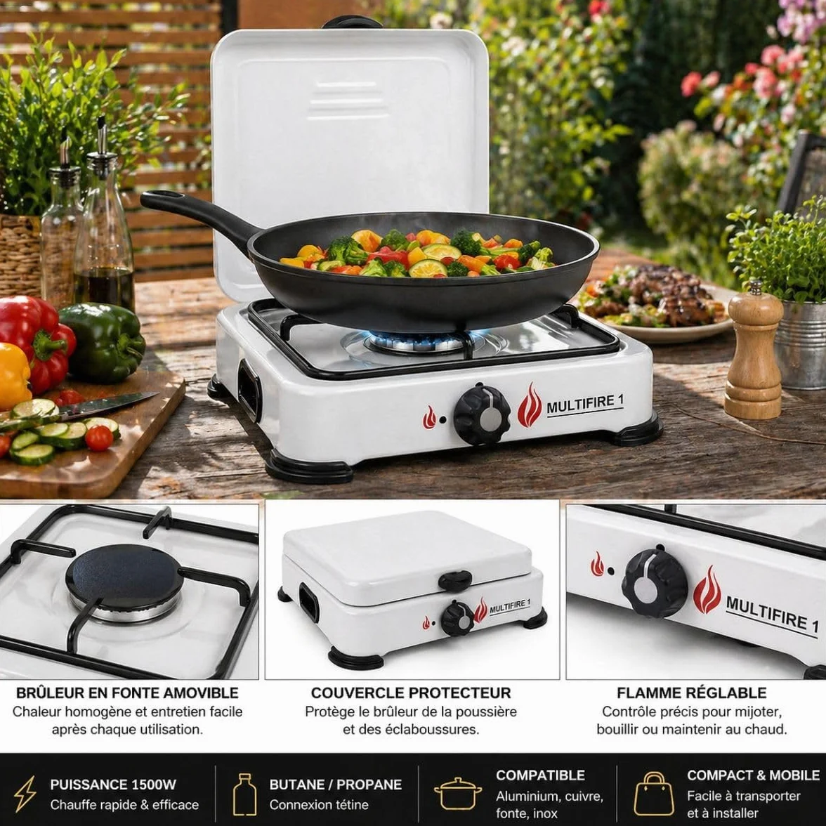 INTEC - Cocina de gas portátil de 1 quemador 1500W Cocina de gas butano o propano Tapa lacada blanca