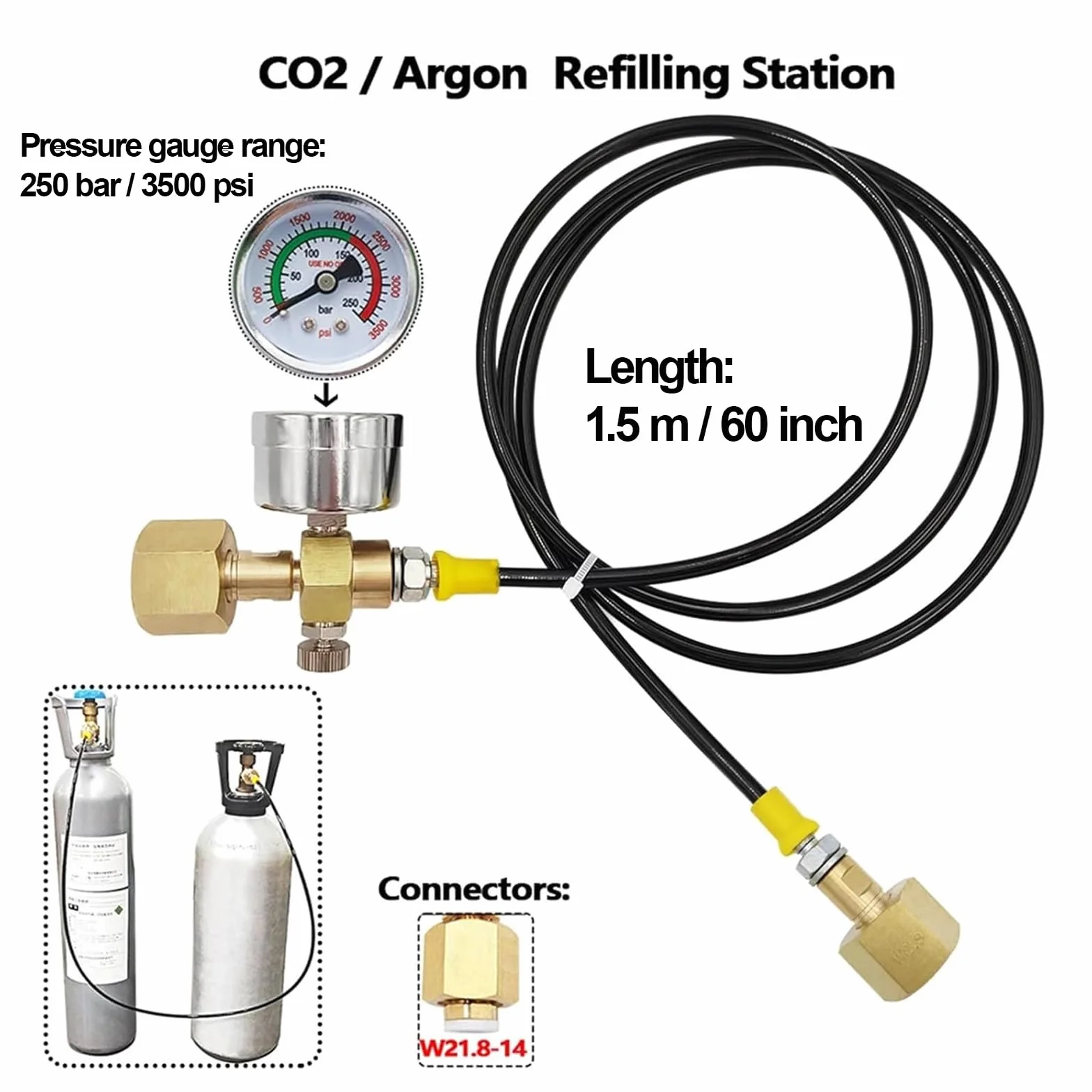 Manguera de CO2 1.5m W21.8-14 DIN477, Adaptador de Tanque de CO2 con Manómetro de 3500 PSI y Válvula de Alivio de Presión para Estaciones de Llenado de CO2 y Suministro de Argón y Nitrógeno