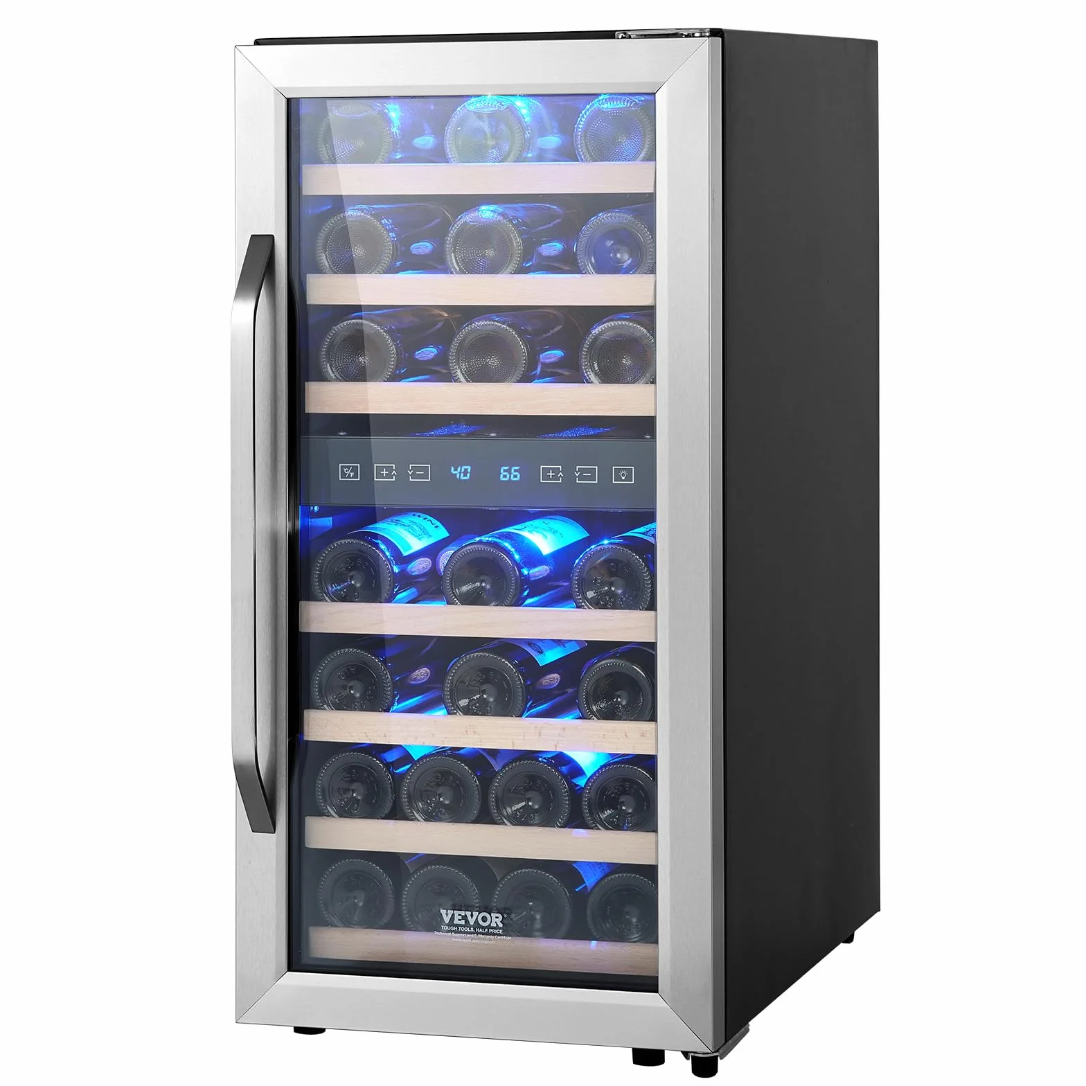 VEVOR Enfriador de Vino para 33 Botellas de Doble Zona y Temperatura, Independiente con Refrigeración por Aire Circulante y Control Digital, Puerta de Vidrio Templado Protección UV, 395 x 580 x 840 mm