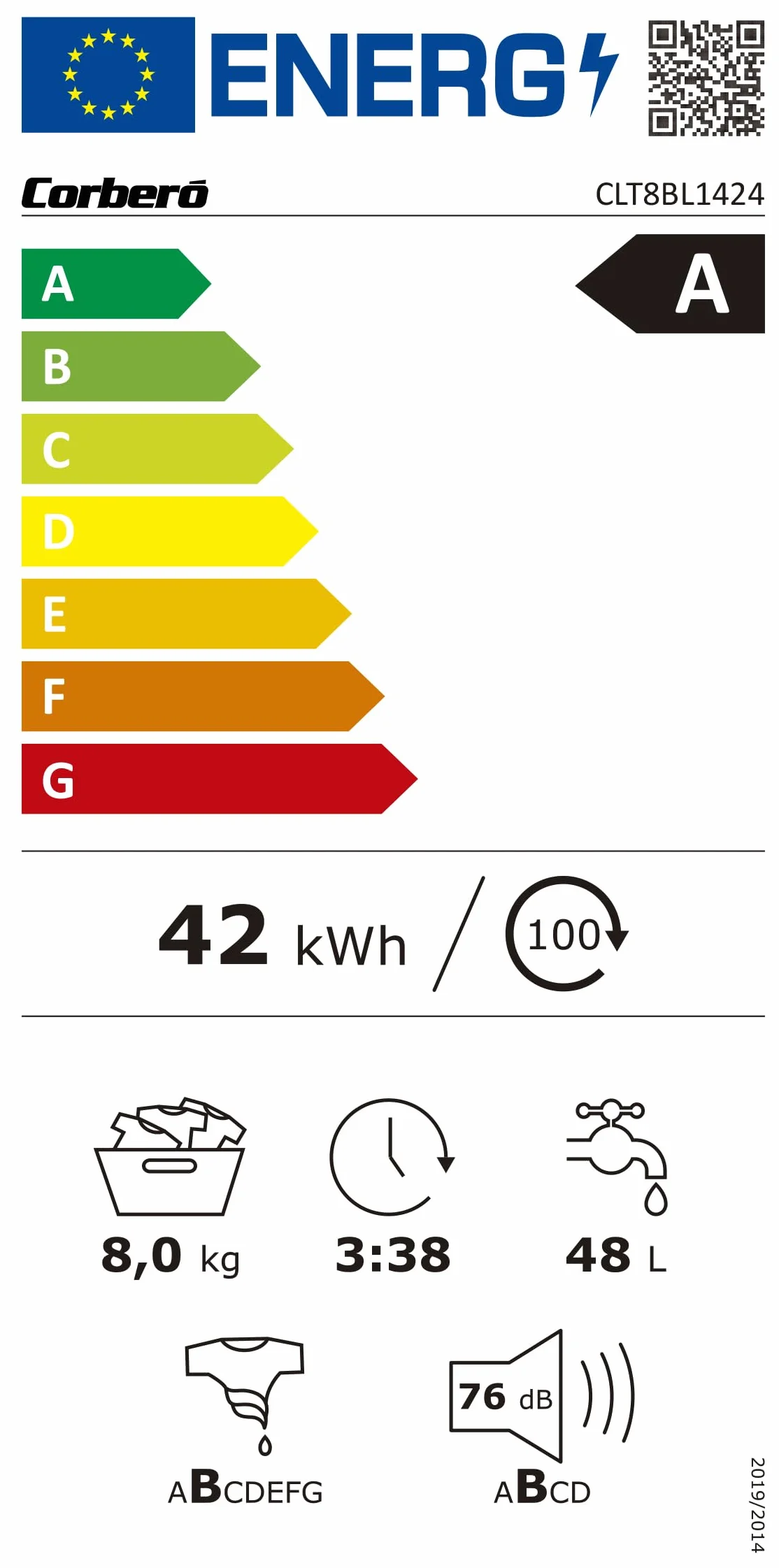 Corberó Lavadora Carga Frontal 8kg 1400 Rpm Motor Inverter CLT8BL1424 Blanco
