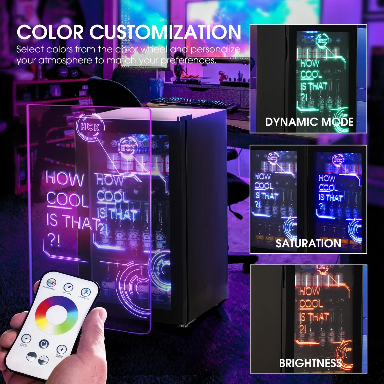 HCK Nevera Pequeña 98L, Mini Nevera con Iluminación Moderna Cyberpunk, Frigorifico Puerta Cristal de 0 a 10°C, Para Sala de Juegos, Fiesta, Negro
