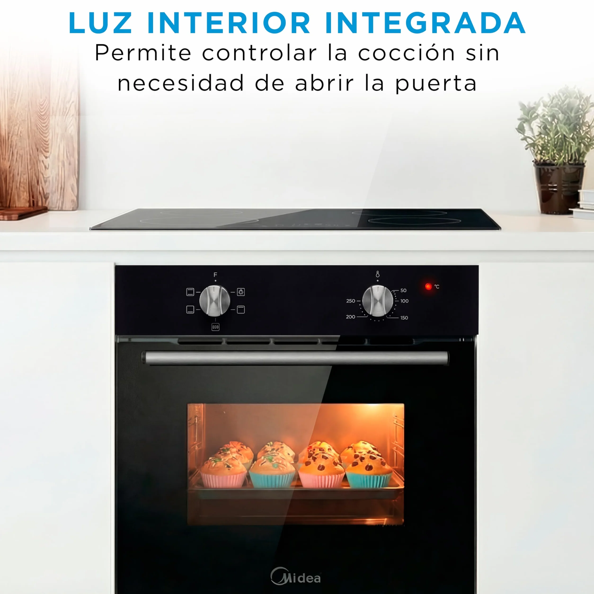 Midea Horno Electrico Empotrable Convencional de 70L y 2100W - Horno Integrable Negro con 4 funciones, Modo ECO - Hornos con Luz Led de Bajo Consumo, Puerta Doble Cristal, Bandeja Universal, y Rejilla