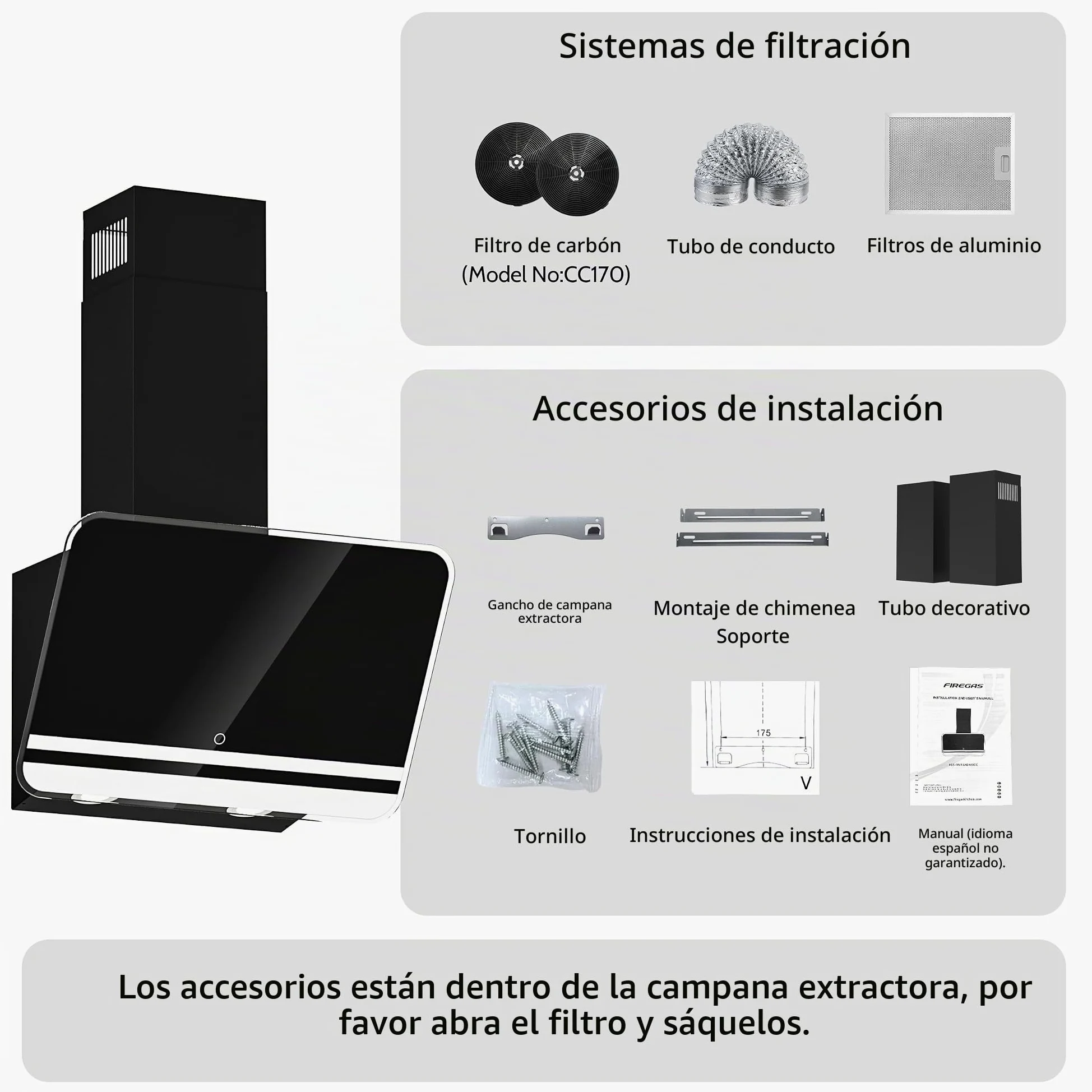 FIREGAS Campana extractora 60cm, Extractor inclinado, Motor sin escobillas, Bajo Consumo, 9 velocidades, 578m³/h, LEDs, Recirculante y Extracción, Incluye filtro de carbón