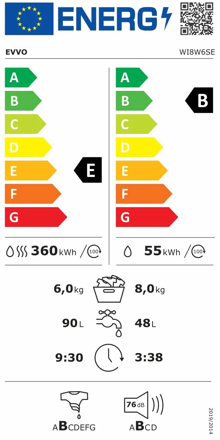 EVVO Lavadora-secadora integrable i8w6se - 8 Kg lavado/ 6 Kg secado,1400RPM