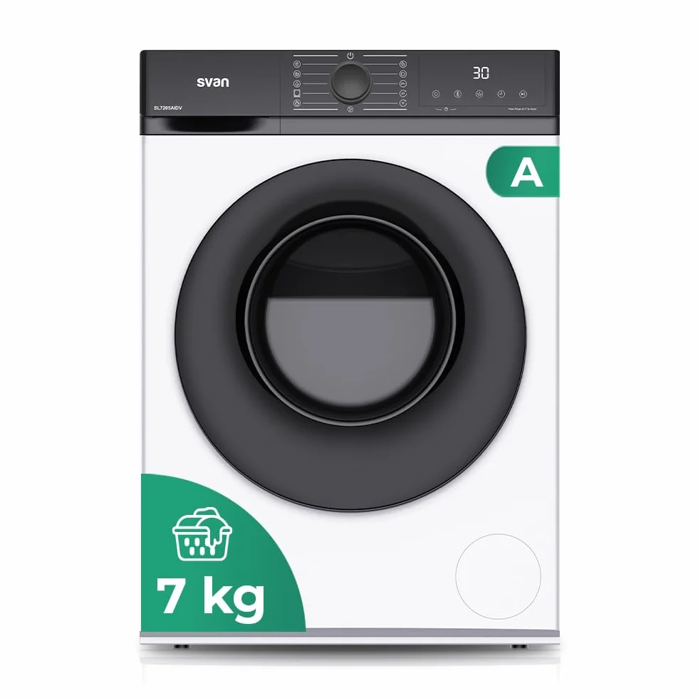Svan Lavadora 7Kg Carga Frontal Blanco SL7205AIDV. 1600W, 1200rpm, Motor Inverter, 11 Programas, Función Stop&Go, Tambor Diamante, Clase de Eficiencia Energética A