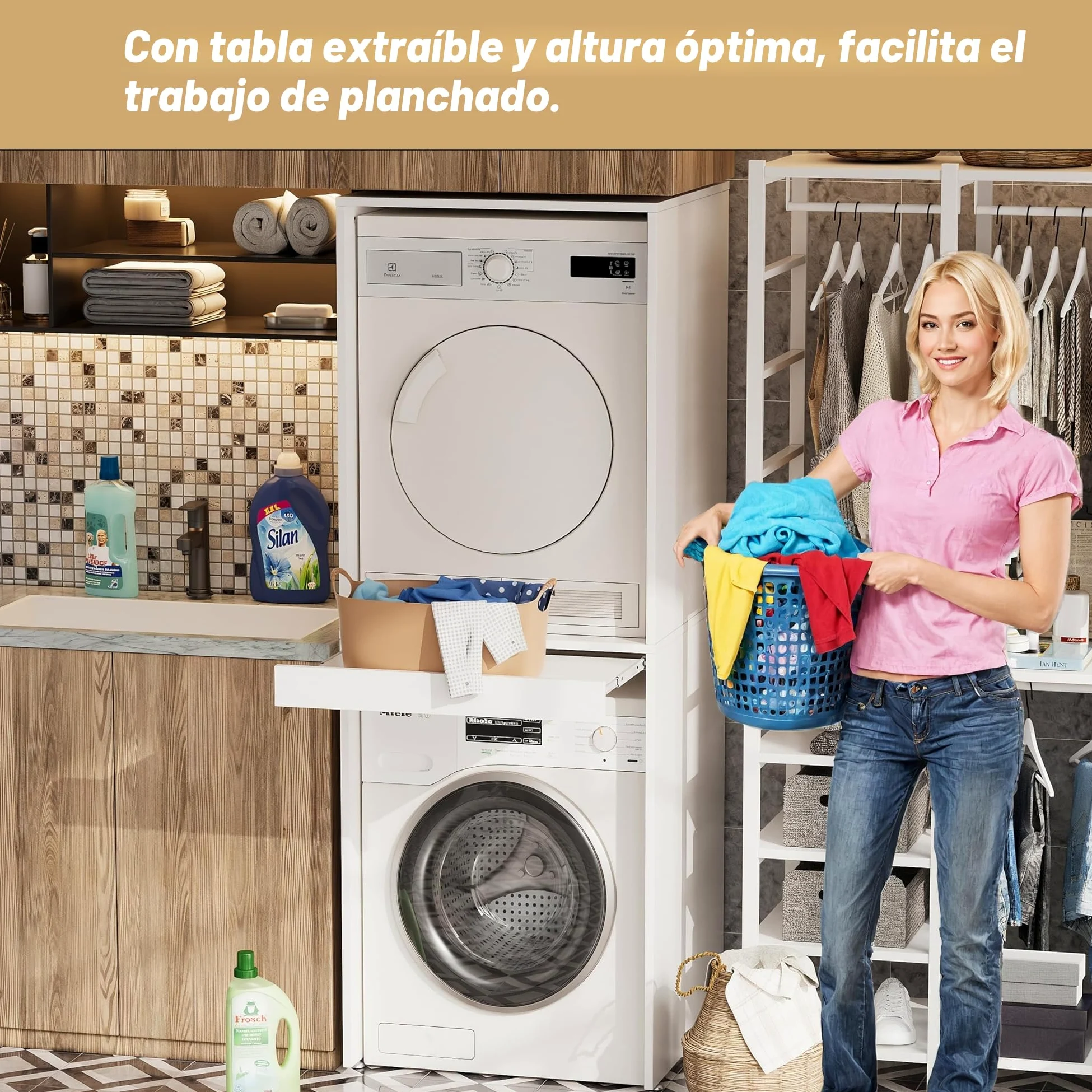 MSFE Armario para Lavadora y Secadora, Mueble Lavadora Secadora con Tabla Extensible, Kit de Apilamiento para Lavadoras y Secadoras, 180 x 65 x 66 cm, fijada a la Pared, Dos Paquetes