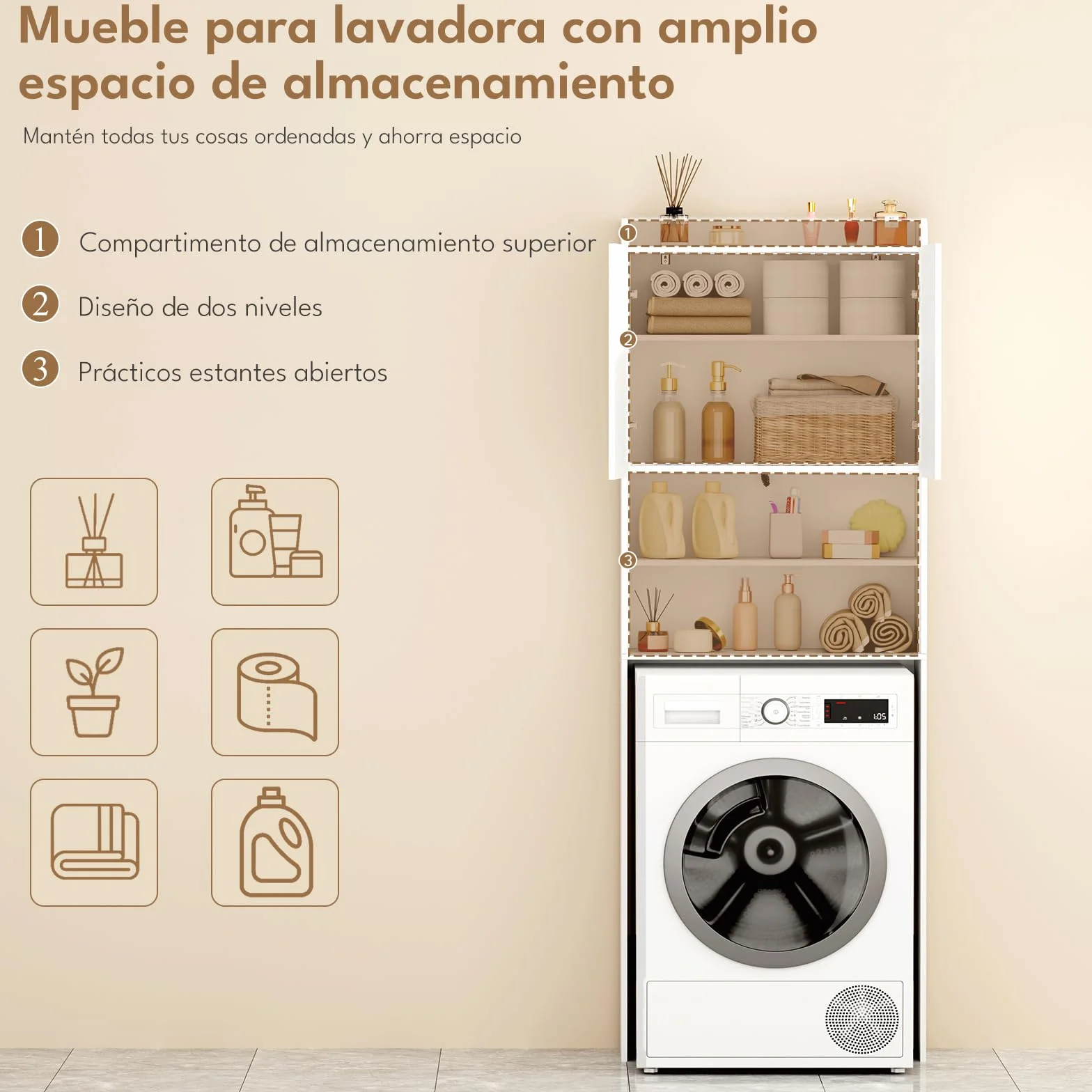 BEWISHOME Estantería sobre Lavadora,Mueble para Lavadora con Estantes Ajustables,2 Puertas y 2 Espacios Abiertos,Armario instalable sobre Lavadora,Inodoro y Secadora,24×65×185 cm,Blanco EYYG19W