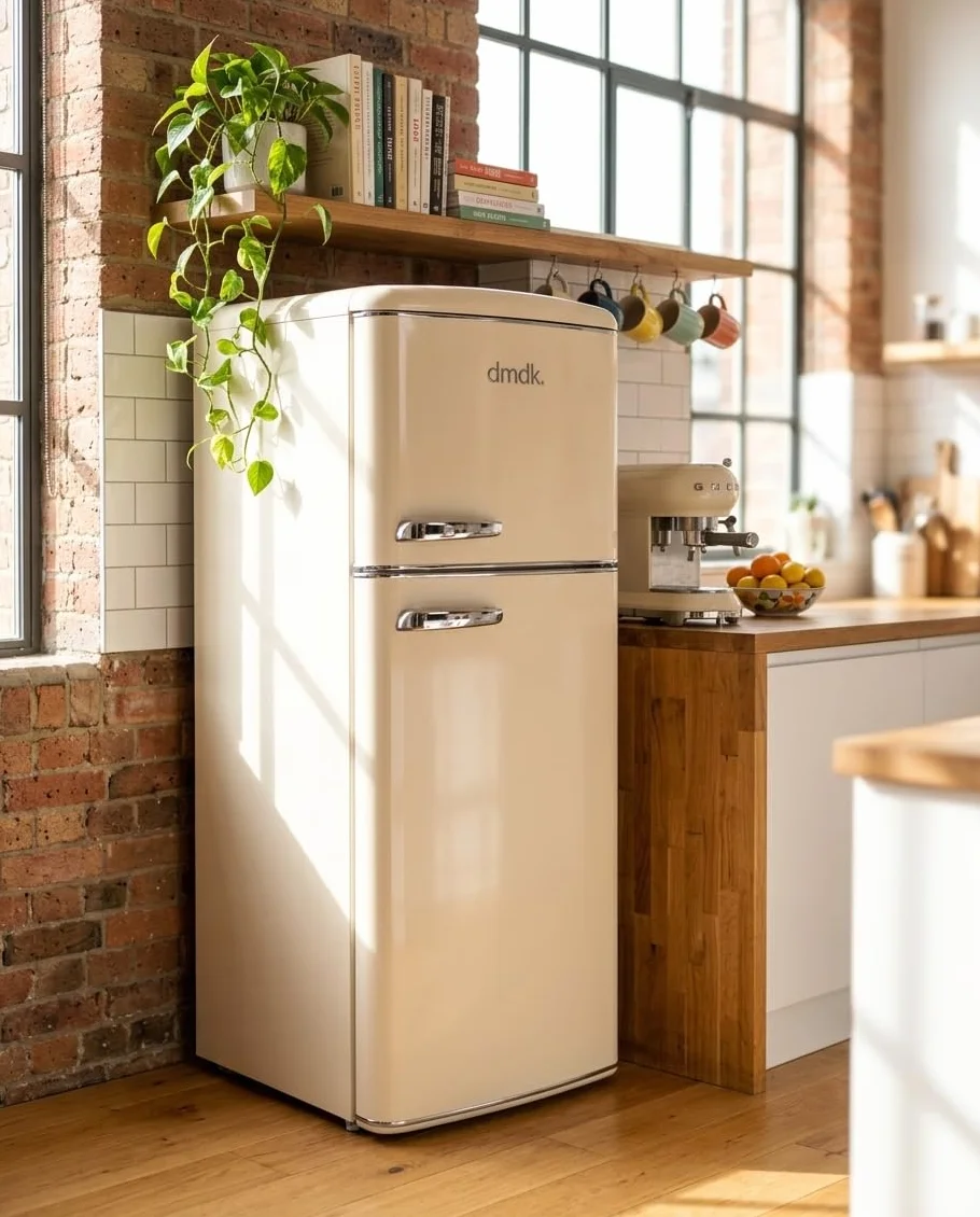DMDK DKC2 Independiente Refrigerador/Congelador, 206 L Contenido neto, 4 estantes ajustables, bandeja grande para verduras, crema, clase energética E