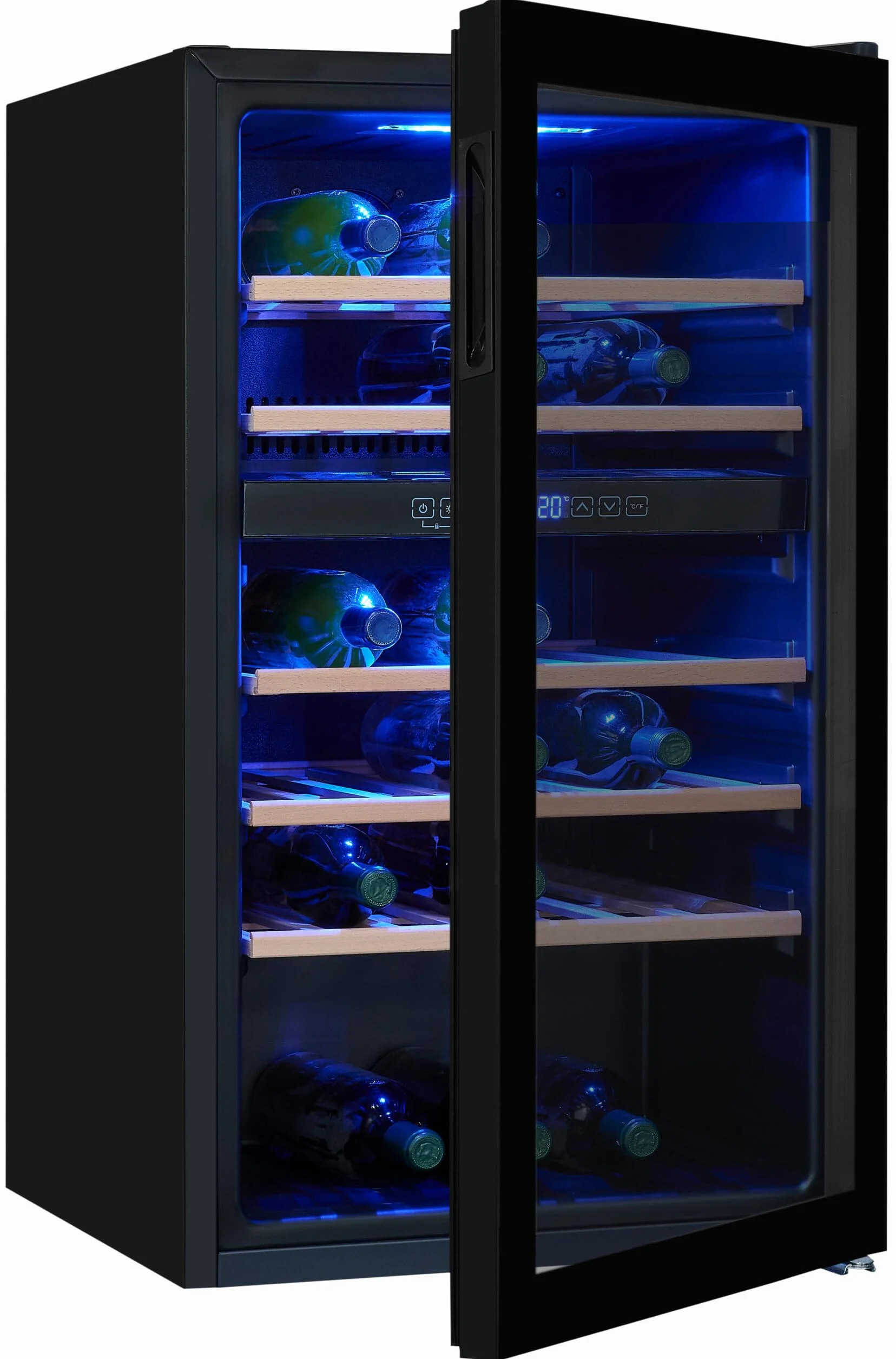 Exquisit® Vinoteca para 45 Botellas, 119L, Negro, Clase G, Dos Zonas de Temperatura 5-20°C, Control Digital LCD, Puerta Reversible de Cristal, Iluminación LED, Medidas (86,5 x 49,0 x 58,0 cm).