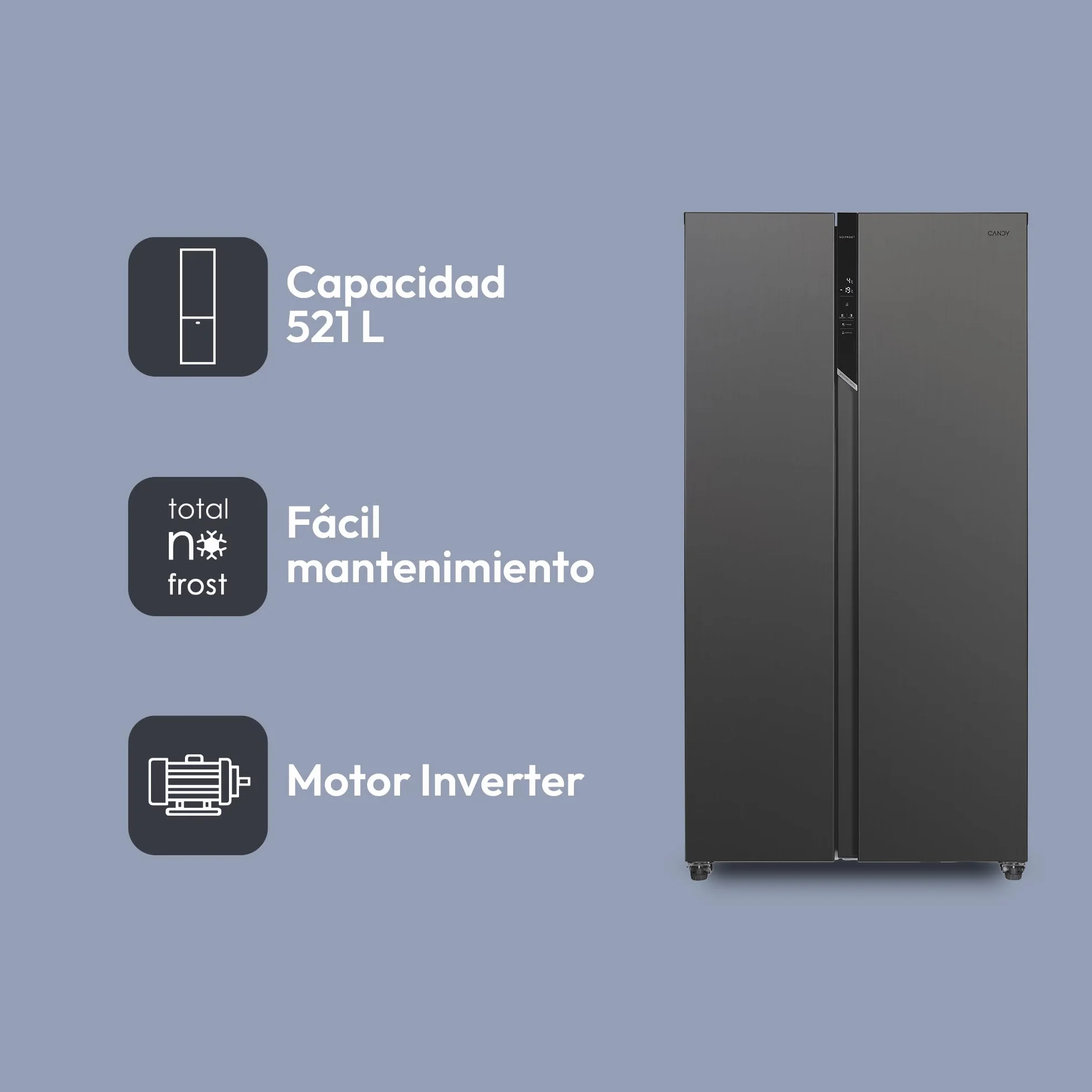 Candy CHSVN-174X, Frigorífico Side by Side, Ancho 91cm, Capacidad 532L, Inverter, Total No Frost, 2 Cajones Verduleros, Control Externo Digital, Iluminación LED, Patas Ajustables, Ruedas, 39DB, Blanco