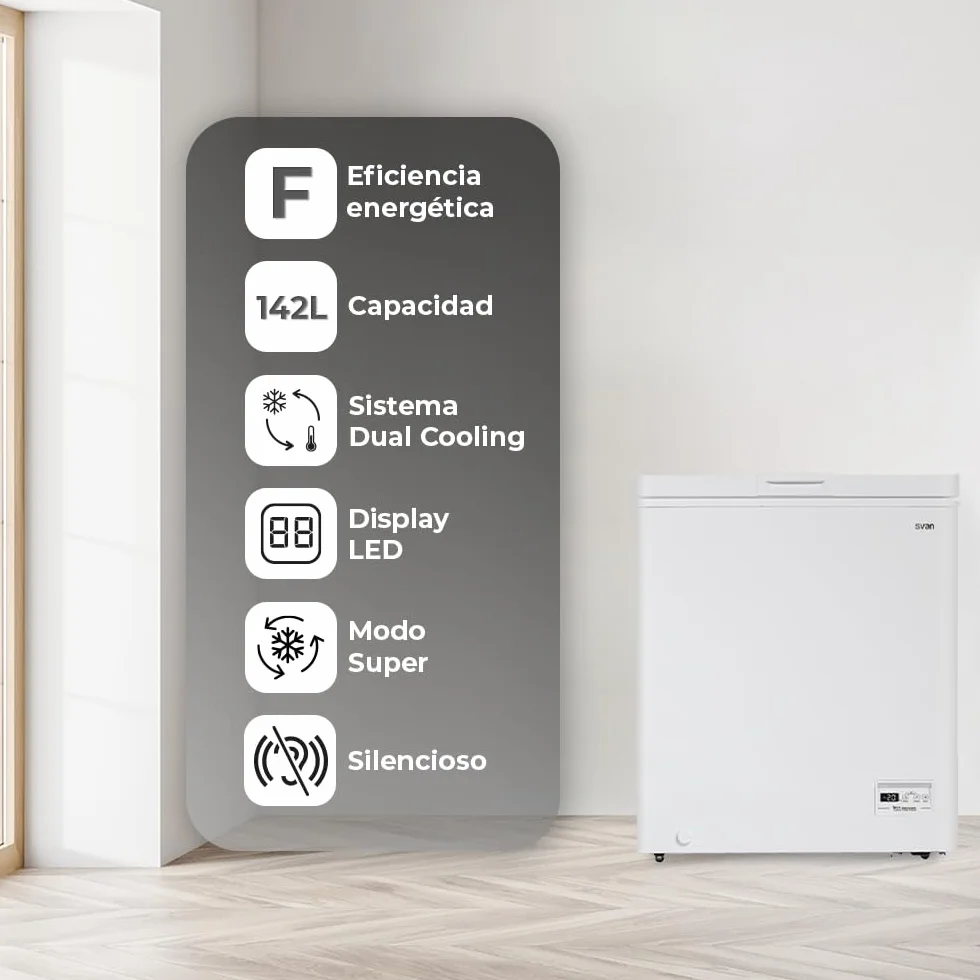 Svan Congelador horizontal Blanco SCH1500FDC. Capacidad 142 Litros, Dual Cooling, 1 Cesta, Bajo nivel Sonoro, Eficiencia Energética Clase F