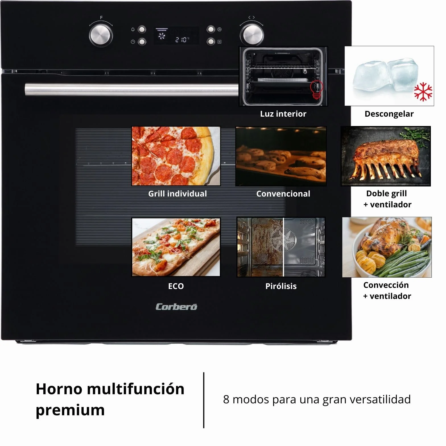 Corberó Horno Pirolítico Multifunción 65L 3200W 8 Programas Cristal Negro