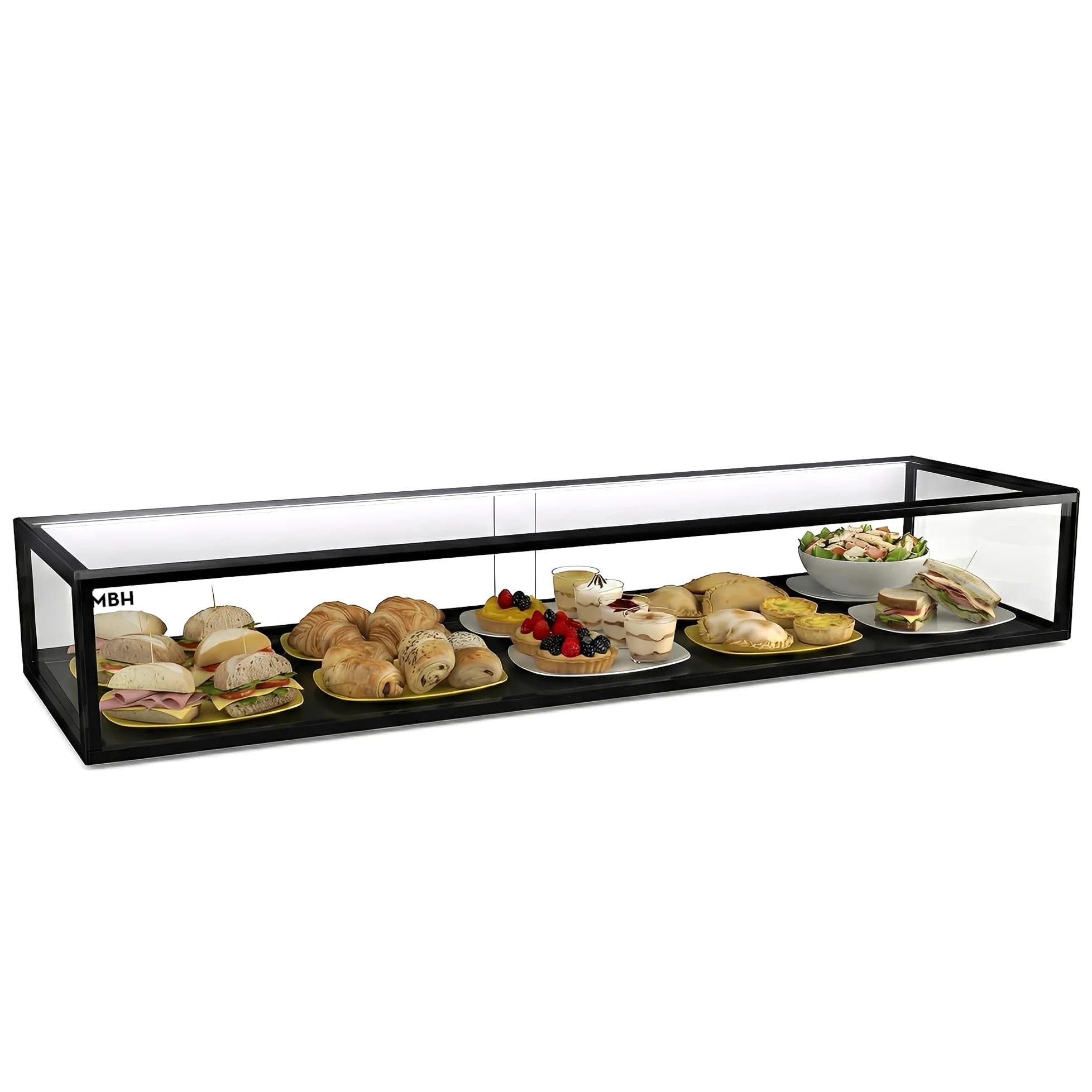 MBH - Vitrina Expositora Neutra de Sobremostrador 120x33 cm, Cristal Recto Templado, 1 Piso, con Iluminación LED, Puertas Traseras Correderas, para Bar, Cafetería, Restaurante, Bollería y Repostería.