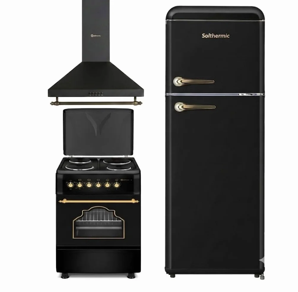 SOLTHERMIC PACK 3 EN 1 NEGRO RUSTICO ACABADOS DORADOS F5S04E3RB TODA ELECTRICA 50 CM + CAMPANA DECORATIVA DE 60 CM H60PR + frigorifico RETRO 2P