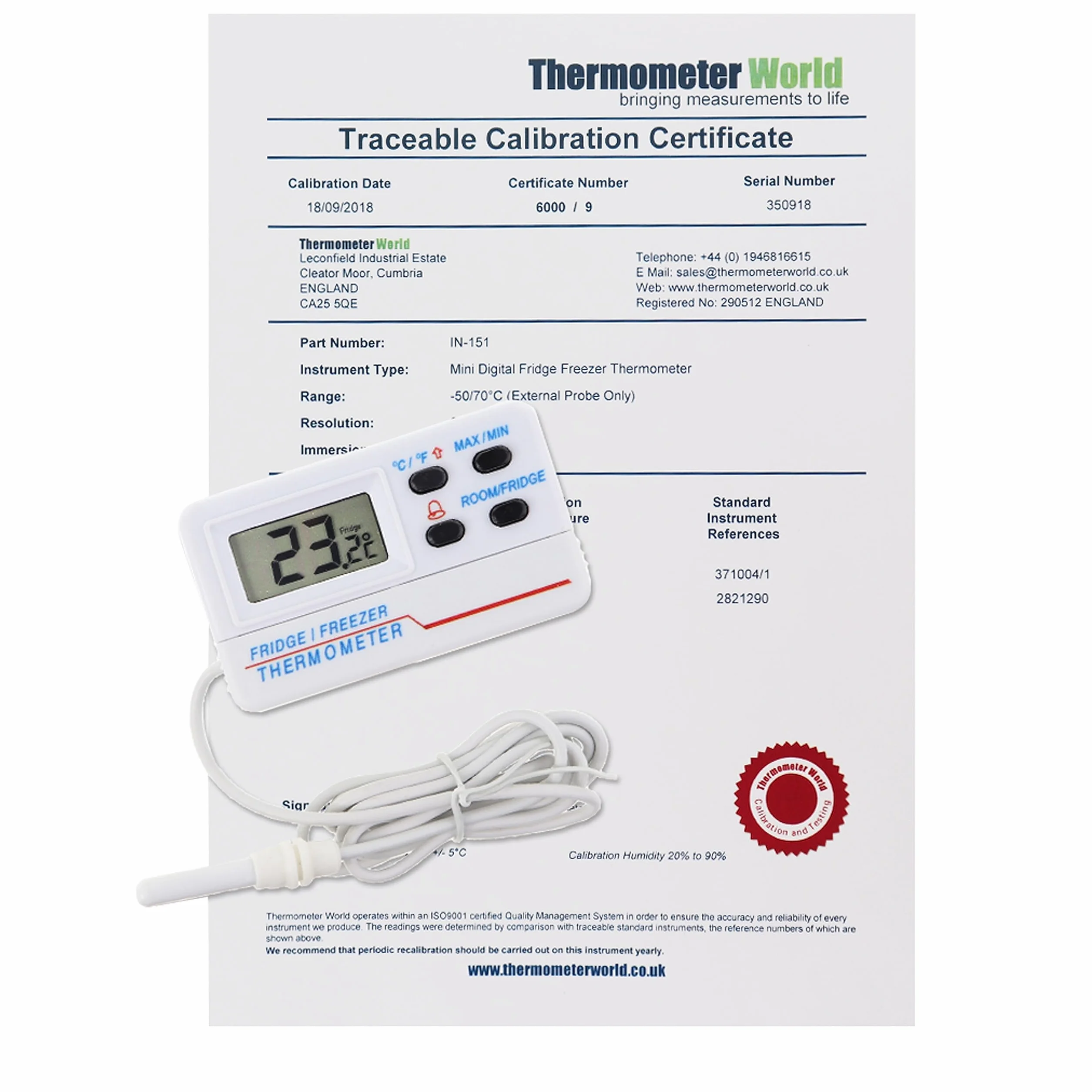Termómetro digital calibrado para nevera y congelador con certificado de calibración trazable de 2 puntos