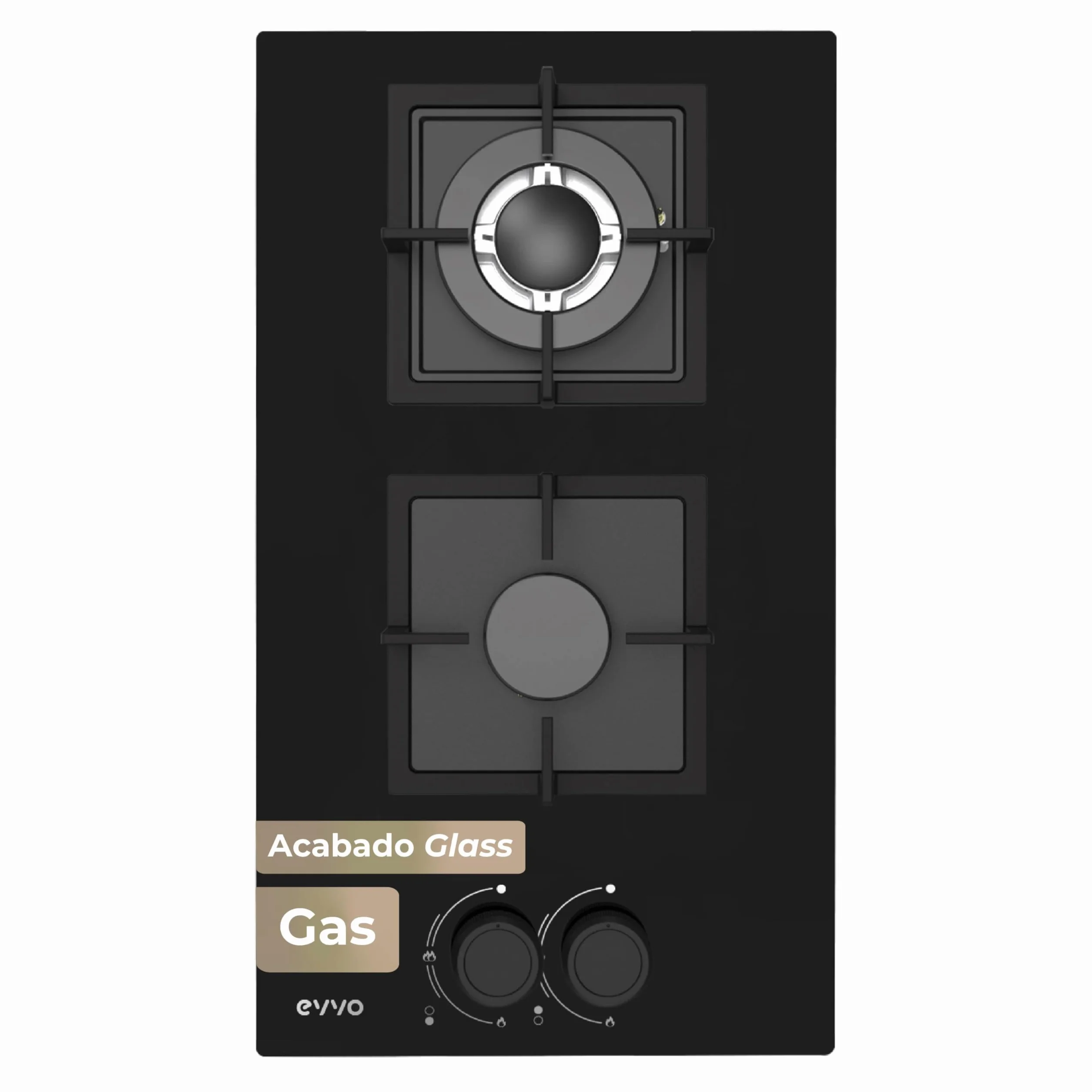 Placa de Gas EVVO V35 Glass, 2 Quemadores (Wok + Semirrápido), 3,6 kW, Cristal Templado Negro, Encendido Eléctrico, Compatible Gas Natural y Butano