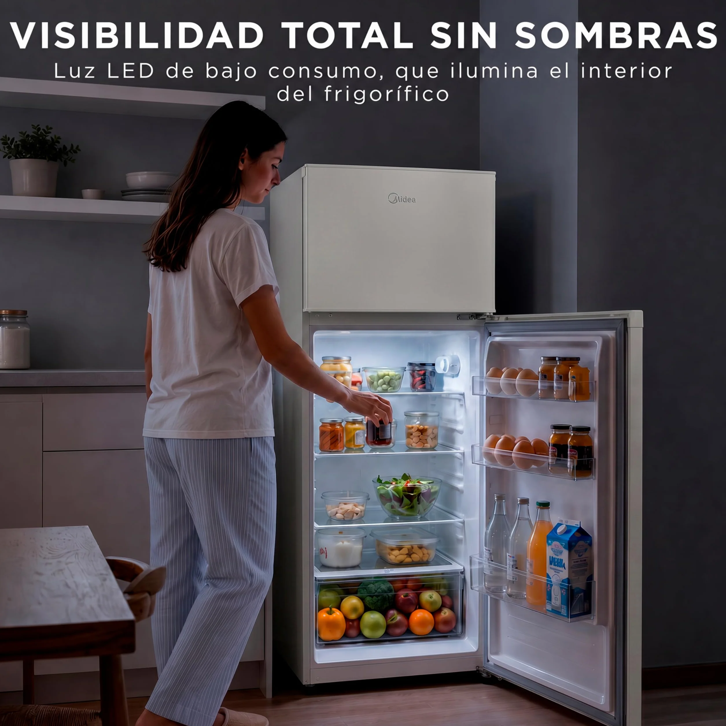 Midea Frigorífico 2 puertas 140 cm alto x 55 cm ancho, Blanco, Capacidad 204 L, Nevera Pequeña con Congelador Low Frost de Bajo Consumo, Puerta Reversible, Luz LED, Silencioso 40dB, Cajón de Frutas