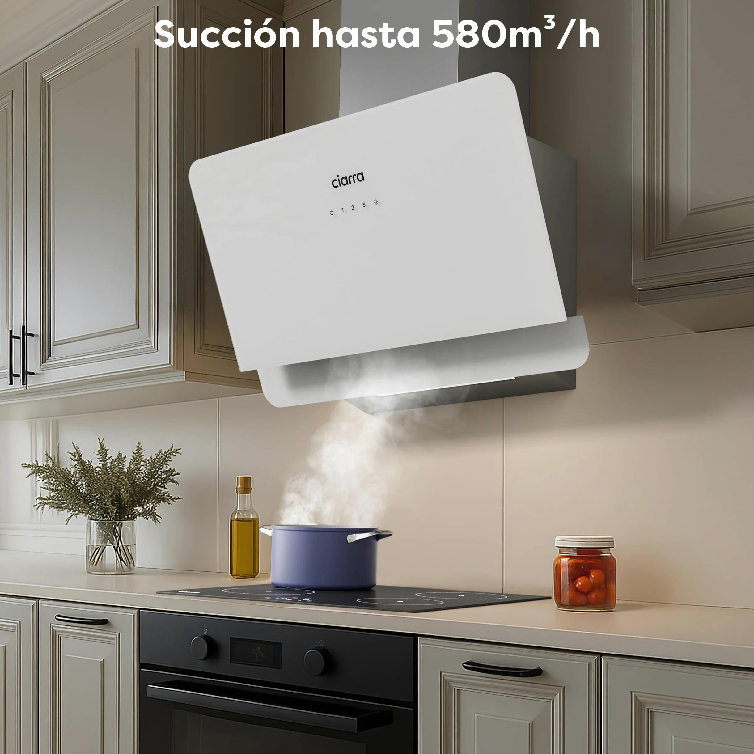 Ciarra CBCS6765C Clase A+ Campana Extractora 60 cm 580 m³/h Blanco | 3 Velocidades - Modo Reciclaje o Evacuación - Filtro de Carbón CBCF055 Incluido - Control Táctil - Panel de Cristal