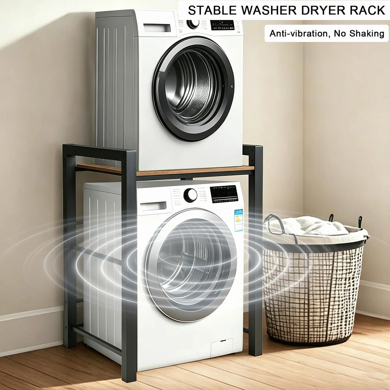 Mueble para Lavadora y Secadora, Soporte Estanteria Torre Lavadora Secadora, Kit de Apilado, Capacidad de Carga 350kg, 75 * 65 * 104cm Negro
