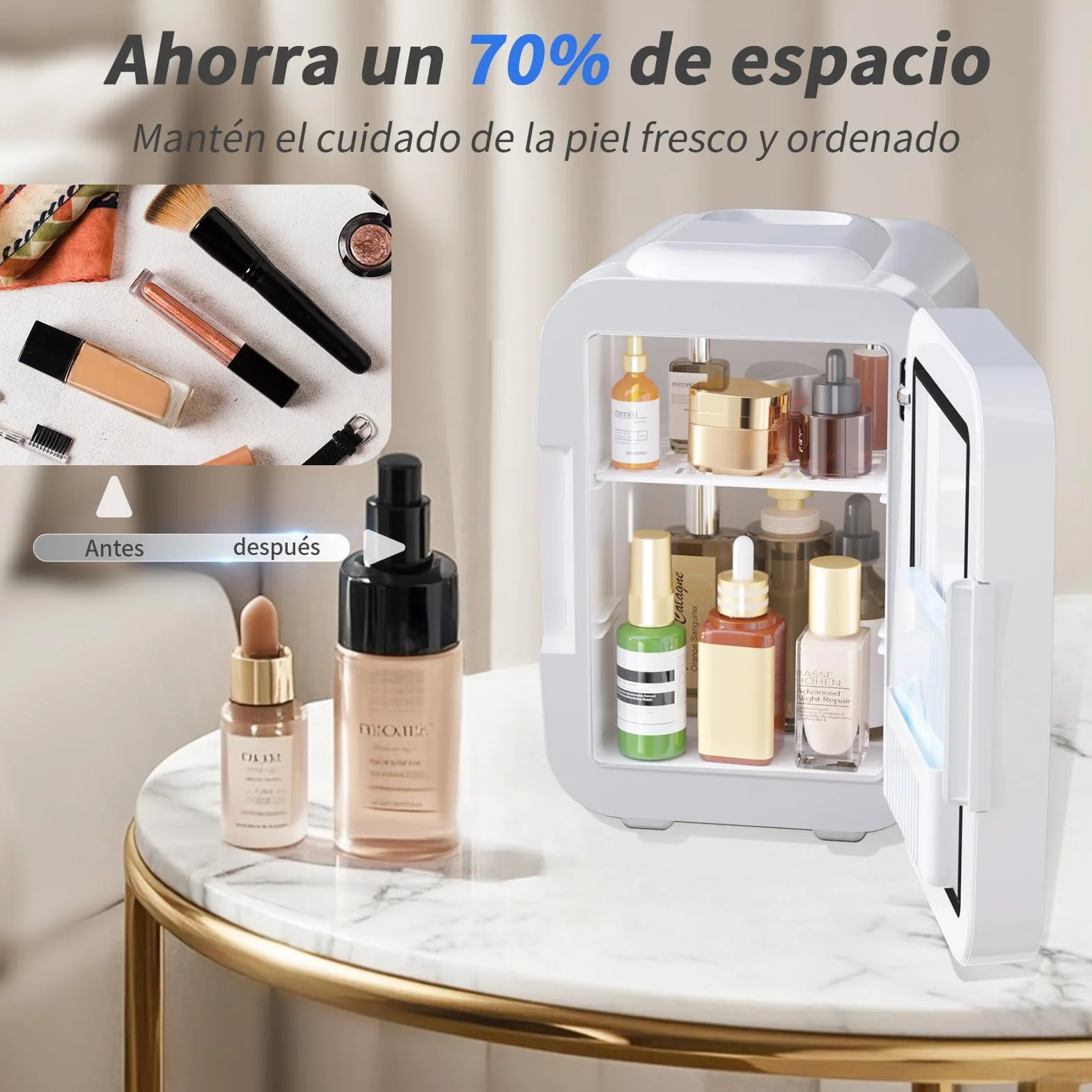 YASHE Mini Nevera para Dormitorio, Skincare Nevera con Espejo LED, Pequeña Nevera de 4L Portátil, Calentador y Enfriador Termoeléctrico 220V AC / 12V DC para Coche, Oficina, Dormitorio (blanca)