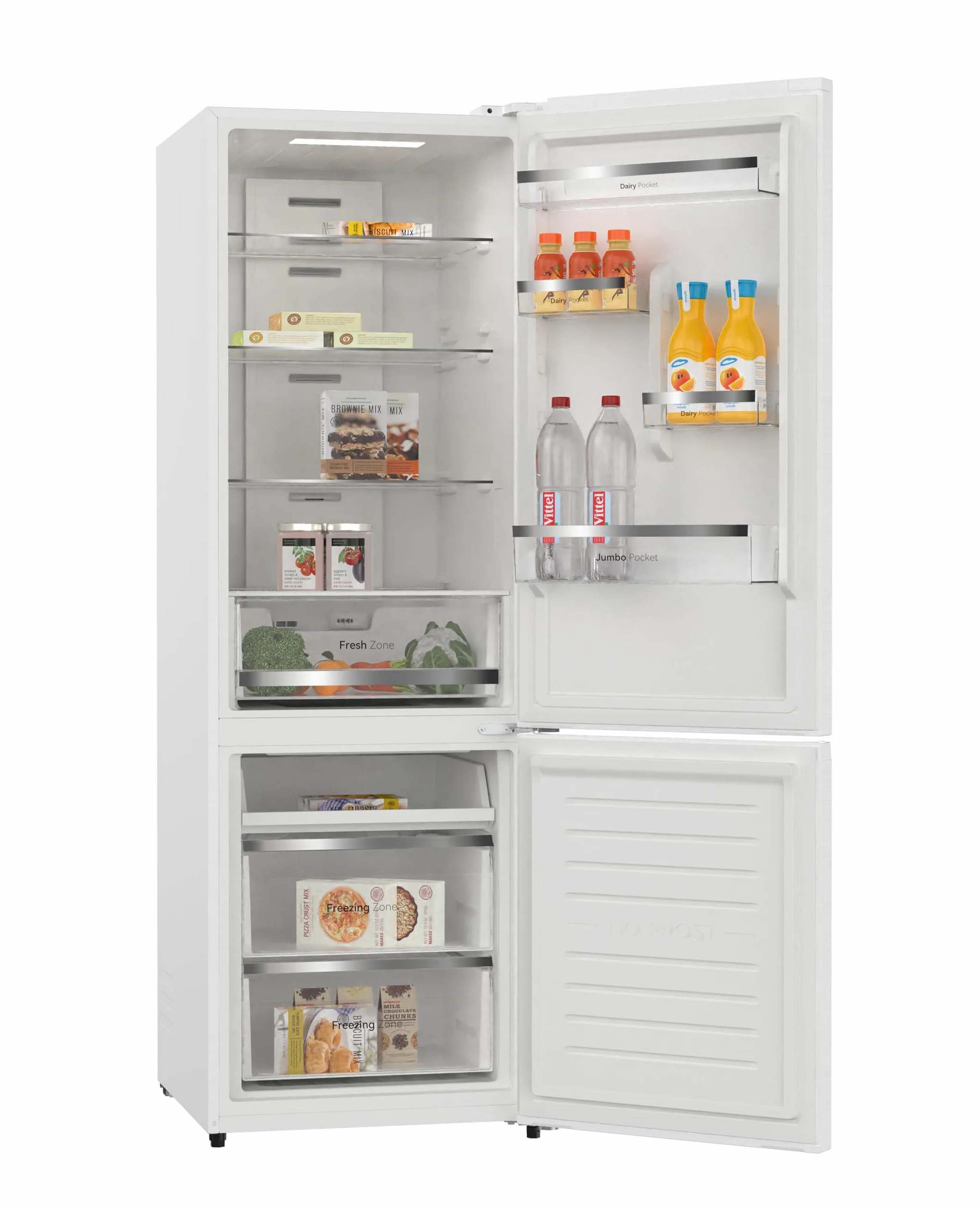 VOK Frigorífico Combinado No Frost 405L en 185.5cm - Compresor Inverter Silencioso 37dB, MaxVolume, Zona 0°C, Multi Air Flow, Clase E, Blanco, EVR-405NEW