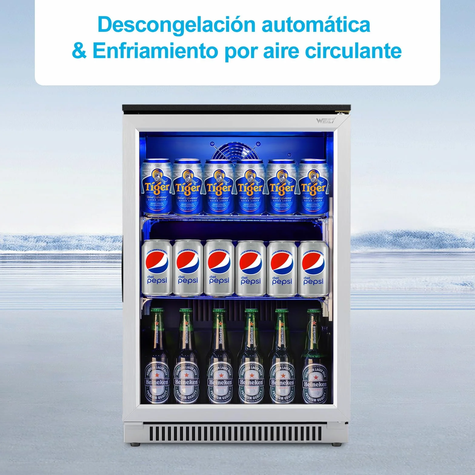 Weili 90L Frigoríficos para Bebidas, Refrigerador con Puerta de Vidrio con Iluminación LED Azul, Nevera Portatil Electrica Rango de Temperatura 3-10°C, Refrigeradores de Vino para Cerveza/Jugo