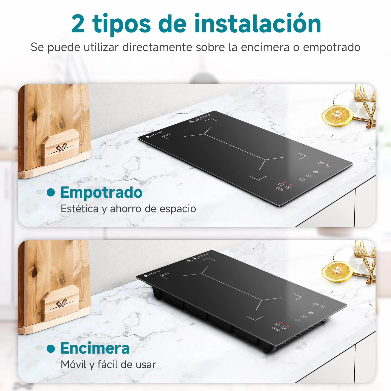 Placa de inducción con zonas flexibles, AMZCHEF placa induccion doble con 9 niveles de potencia, calentamiento intermitente, panel de control de moda, cerradura de seguridad, 3300W, negro