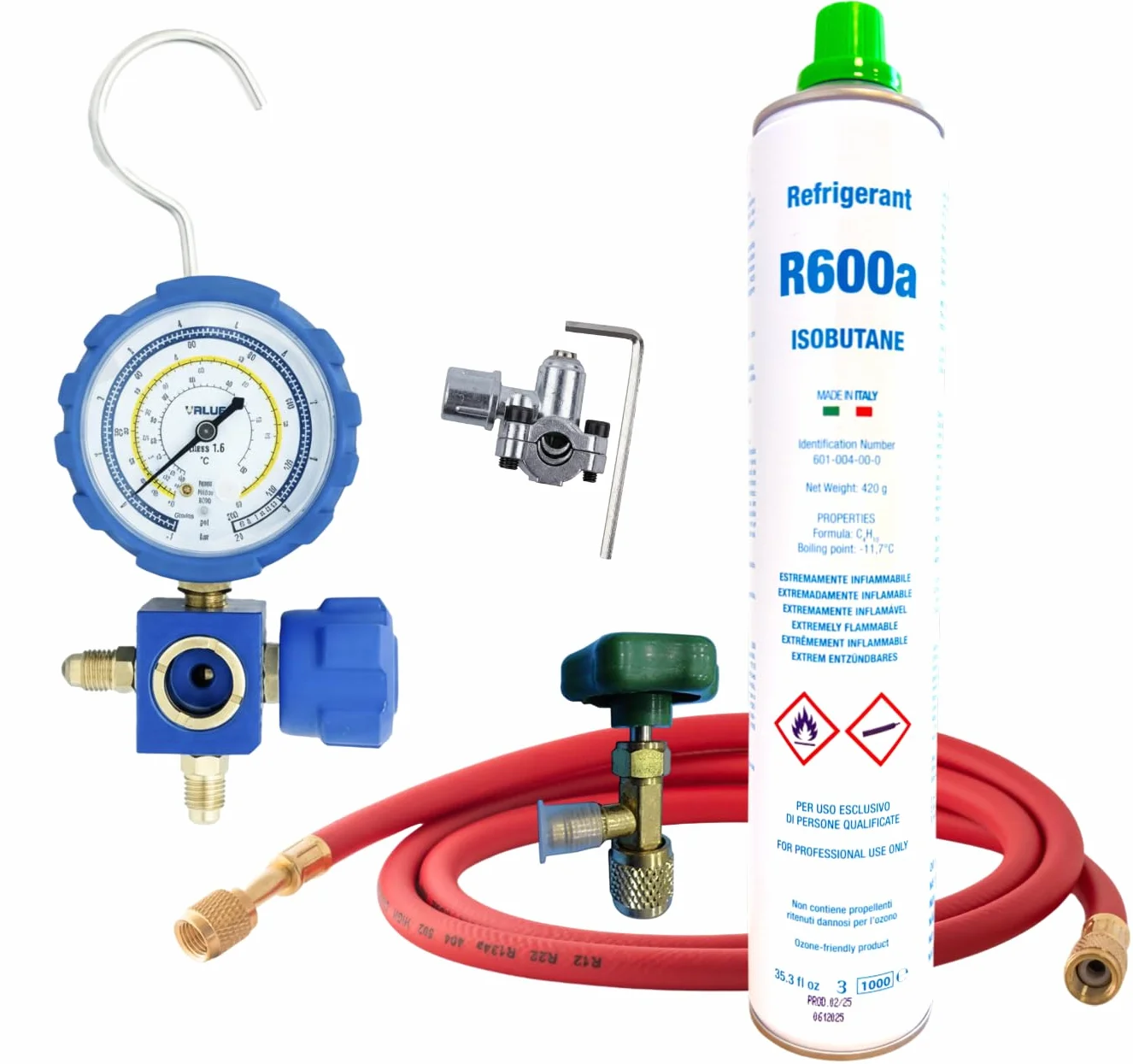 Kit recarga gas refrigerante R600a isobutano 420 g | Incluye manómetro, manguera, válvula de servicio y válvula pincho | Sustituto ecológico para frigoríficos y congeladores | Fácil uso y reutilizable