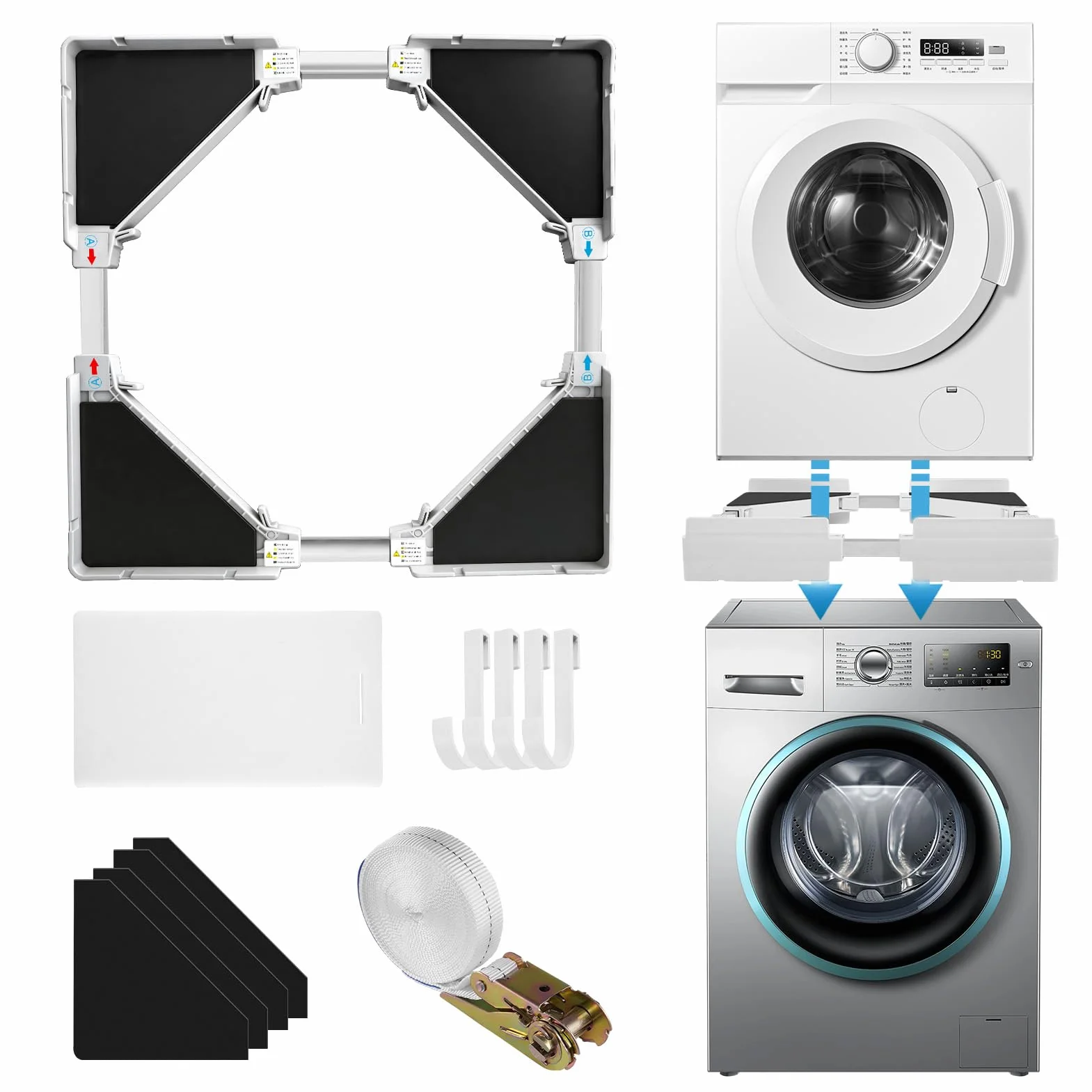 Marco de conexión para lavadora/secadora, marco intermedio universal, kit de marco intermedio para lavadora de 21 – 27 pulgadas, kit apilable con cuerda de trinquete, ahorra espacio