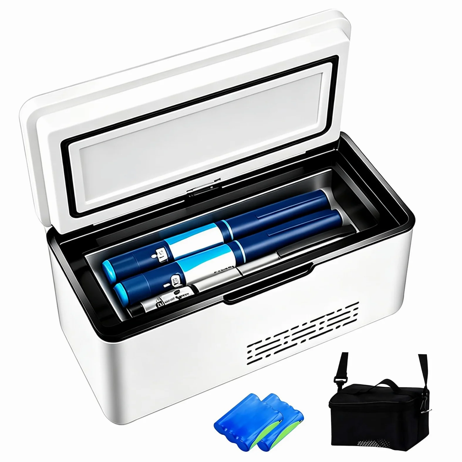 Nevera portátil de insulina, 2 – 8 °C, refrigerador de medicina con batería de 2 x 10200 mAh y bolsa de transporte, advertencia inteligente de batería, bolsa de insulina para casa, coche y