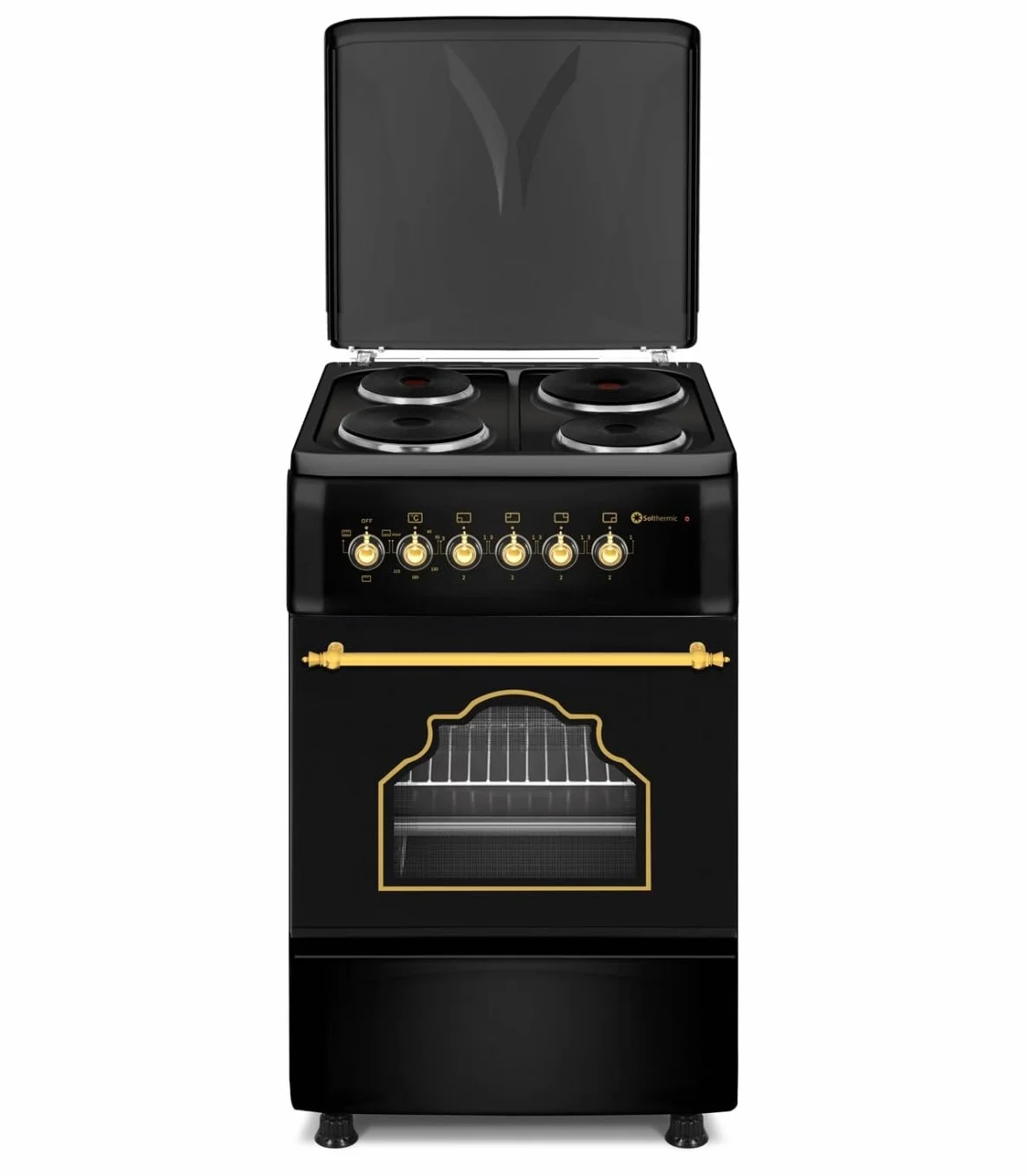 SOLTHERMIC F5S04E3RB Cocina Eléctrica Negra Rústica 50 cm 4 Fuegos Horno Multifunción 60 L