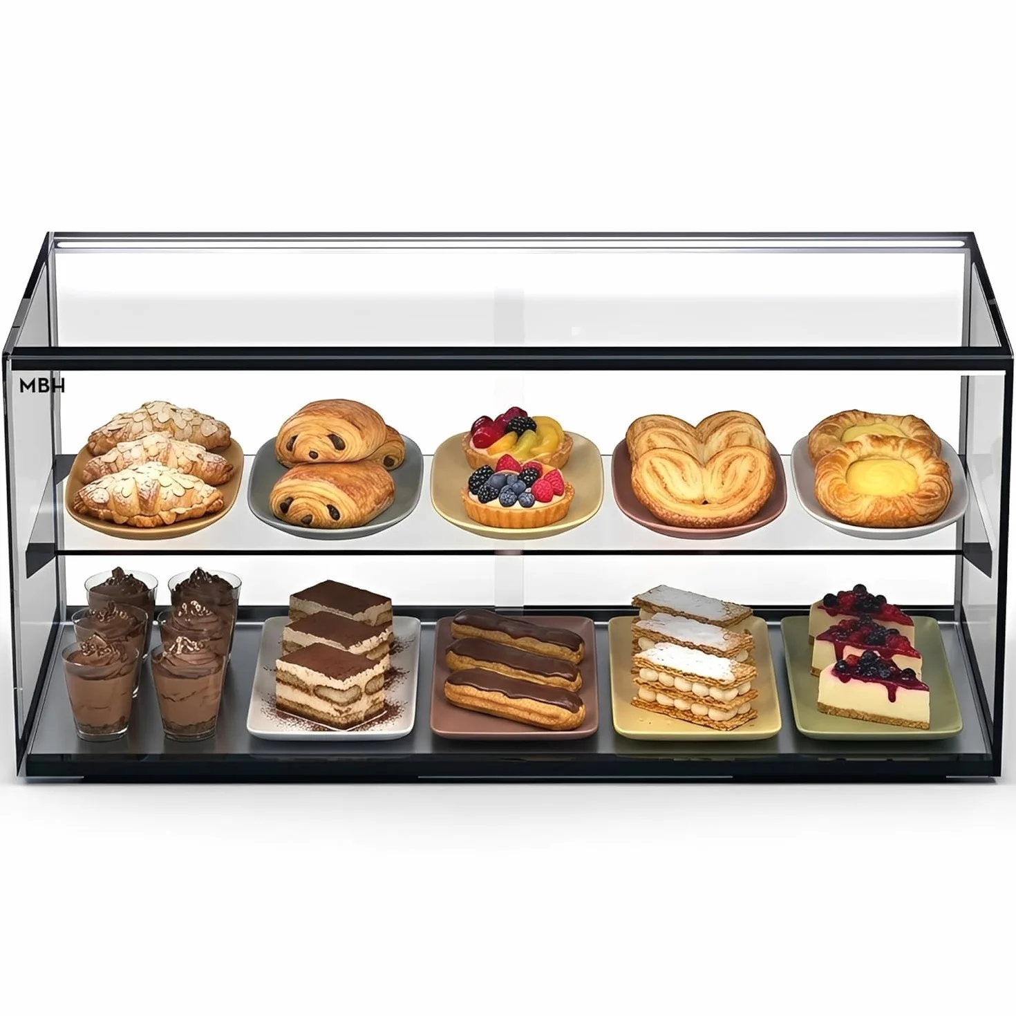 MBH - Vitrina Expositora Neutra de Sobremostrador 92x33 cm, Cristal Recto Templado, 2 Pisos, con Iluminación LED, Puertas Traseras Correderas, para Bar, Cafetería, Restaurante, Bollería y Repostería.