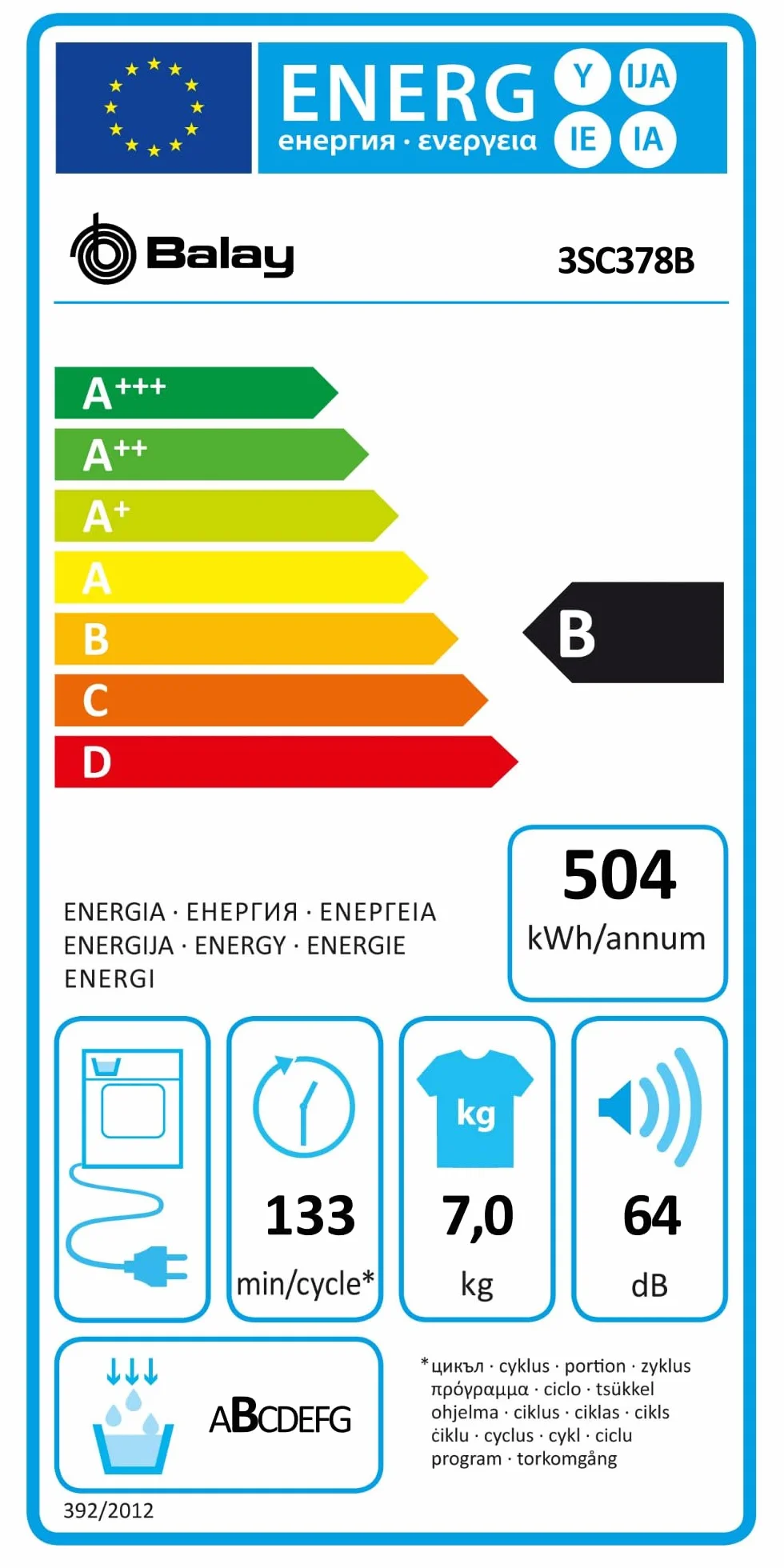 Balay Secadora de Condensación, Libre Instalación, 60 cm, 7 kg, Sensor de Humedad, Blanco, 3SC378B