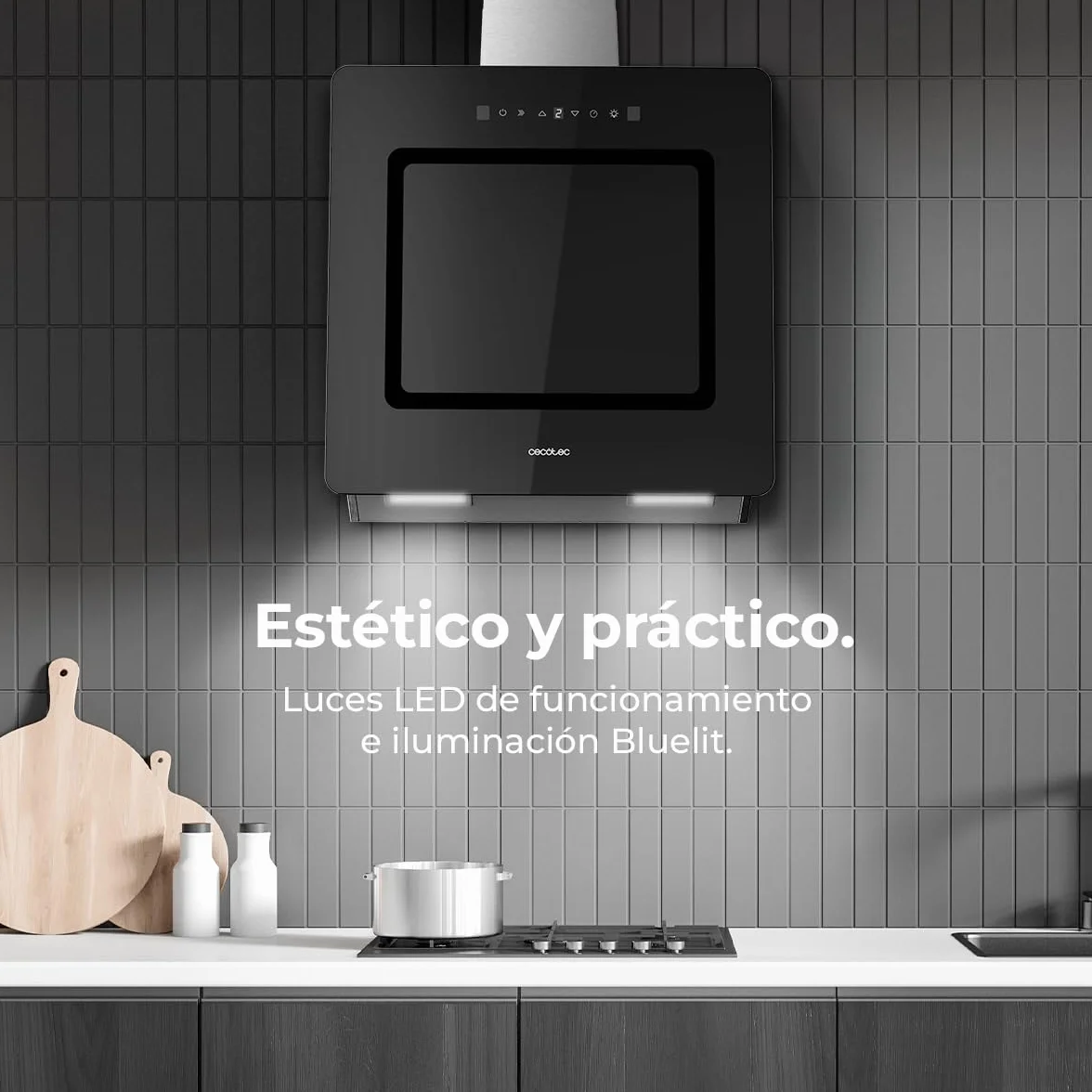 Cecotec Campana Extractora Decorativa 60 cm Bolero Flux DT 608002 Glass Black A++, 210W, Iluminación LED, Succión 800m3/h, Control Táctil, 3 Niveles, Filtro Carbono, Hand Movement, Delay Function